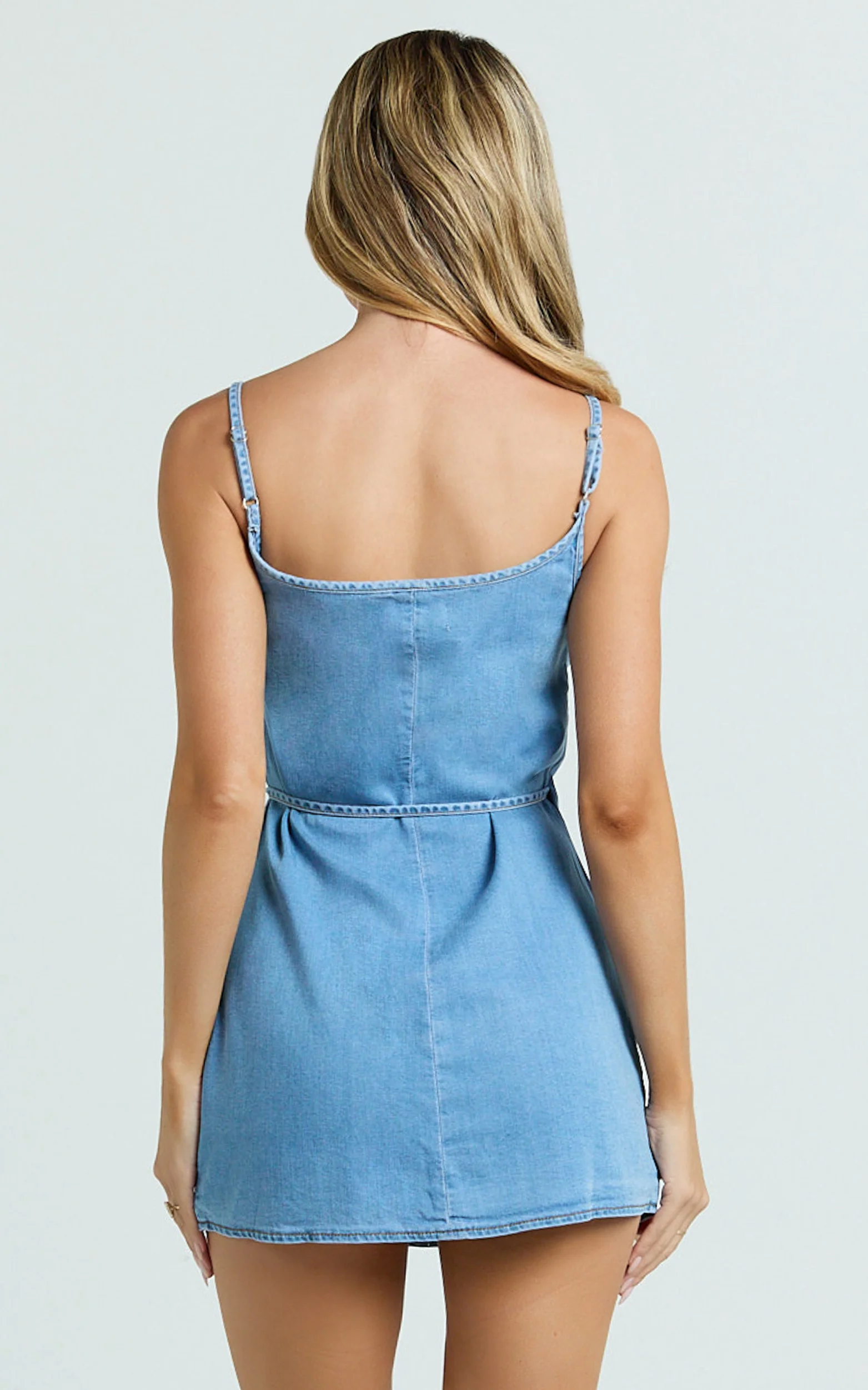 Ramira Mini Dress - Denim Halter Neck Wrap Tie Mini Dress in Light Blue Wash