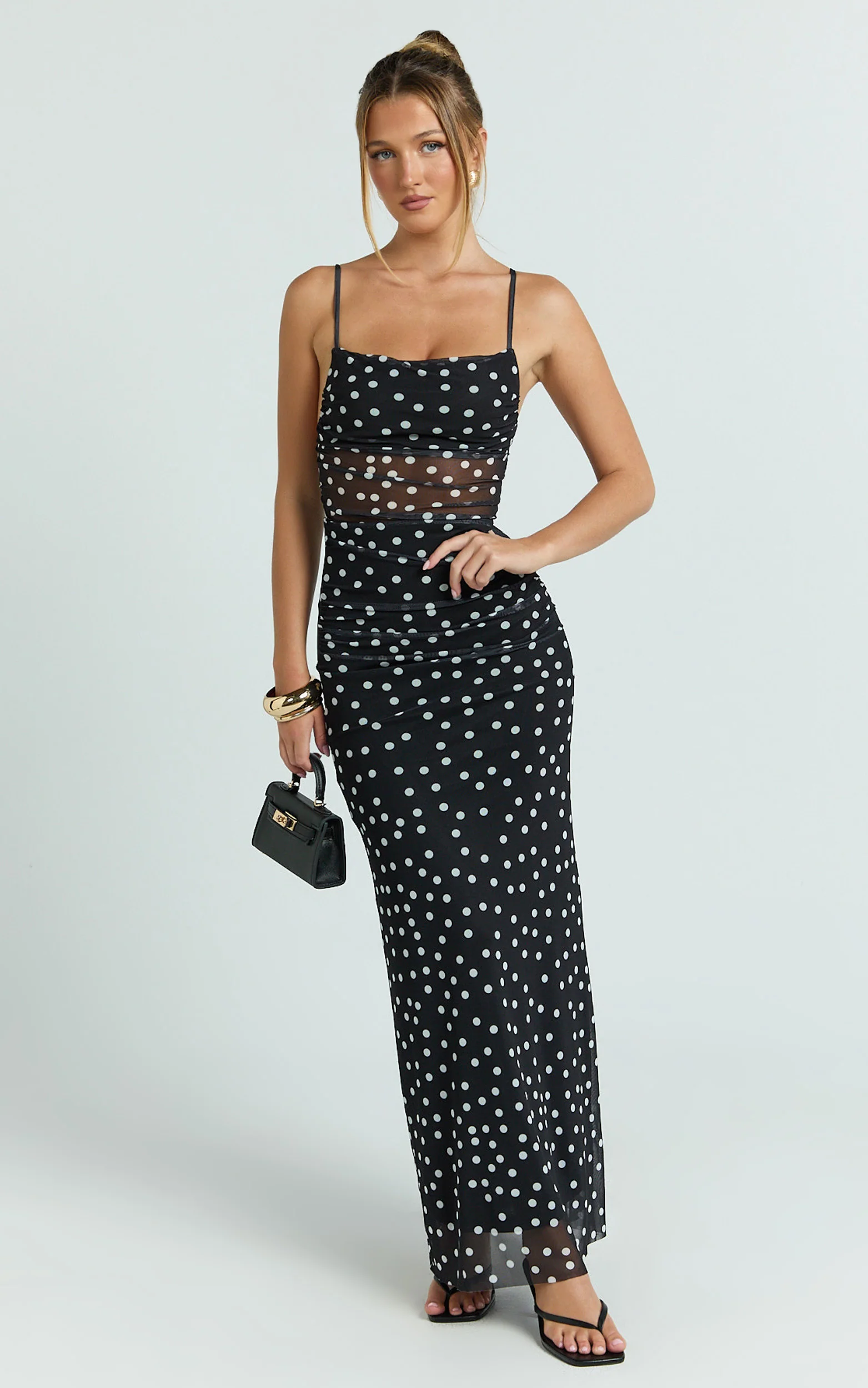 Gia Maxi Dress - Straight Neck Fitted Dress in Black White Spot