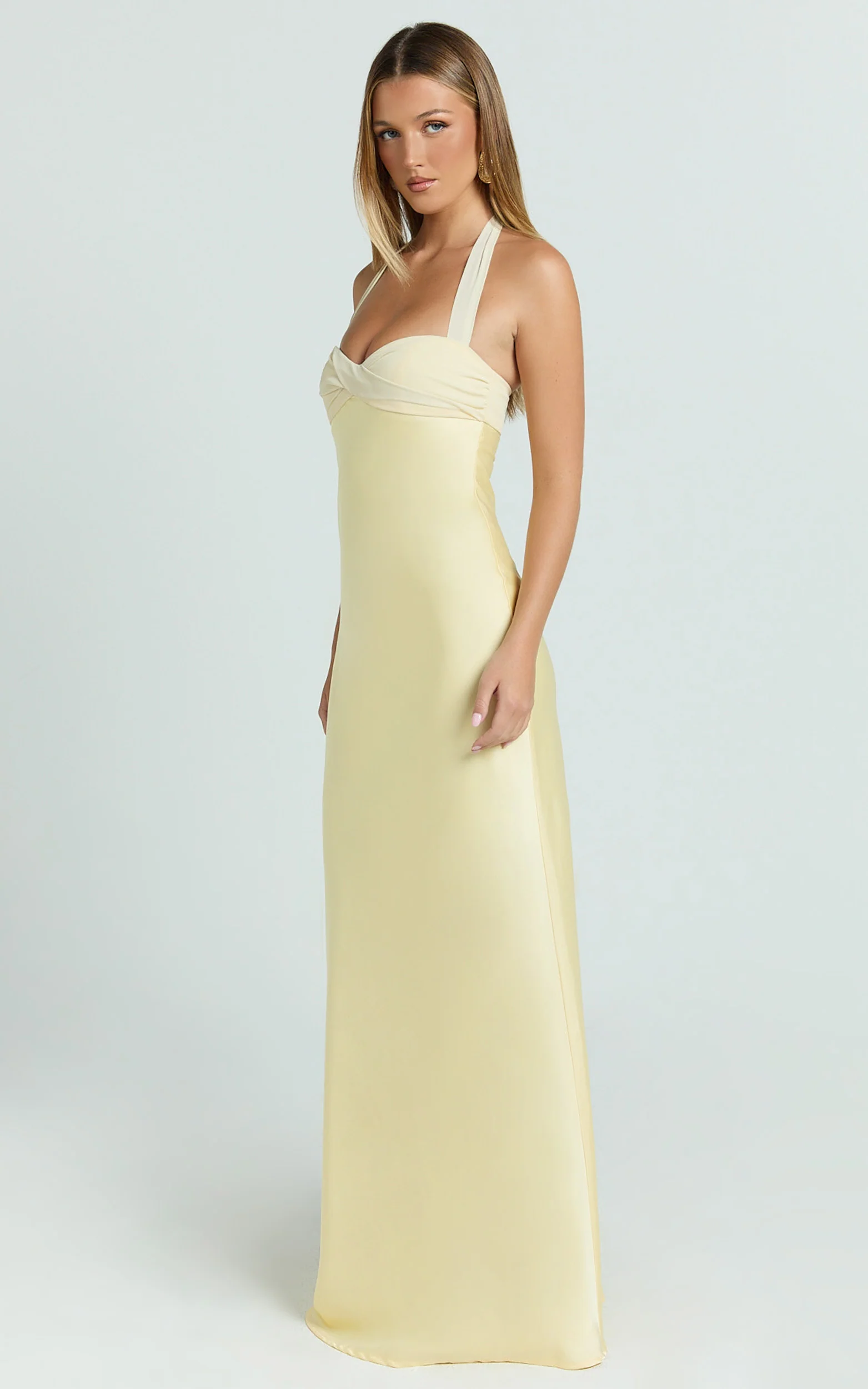 Flynn Maxi Dress - Satin Halter Sweetheart Neck Dress in Butter Yellow