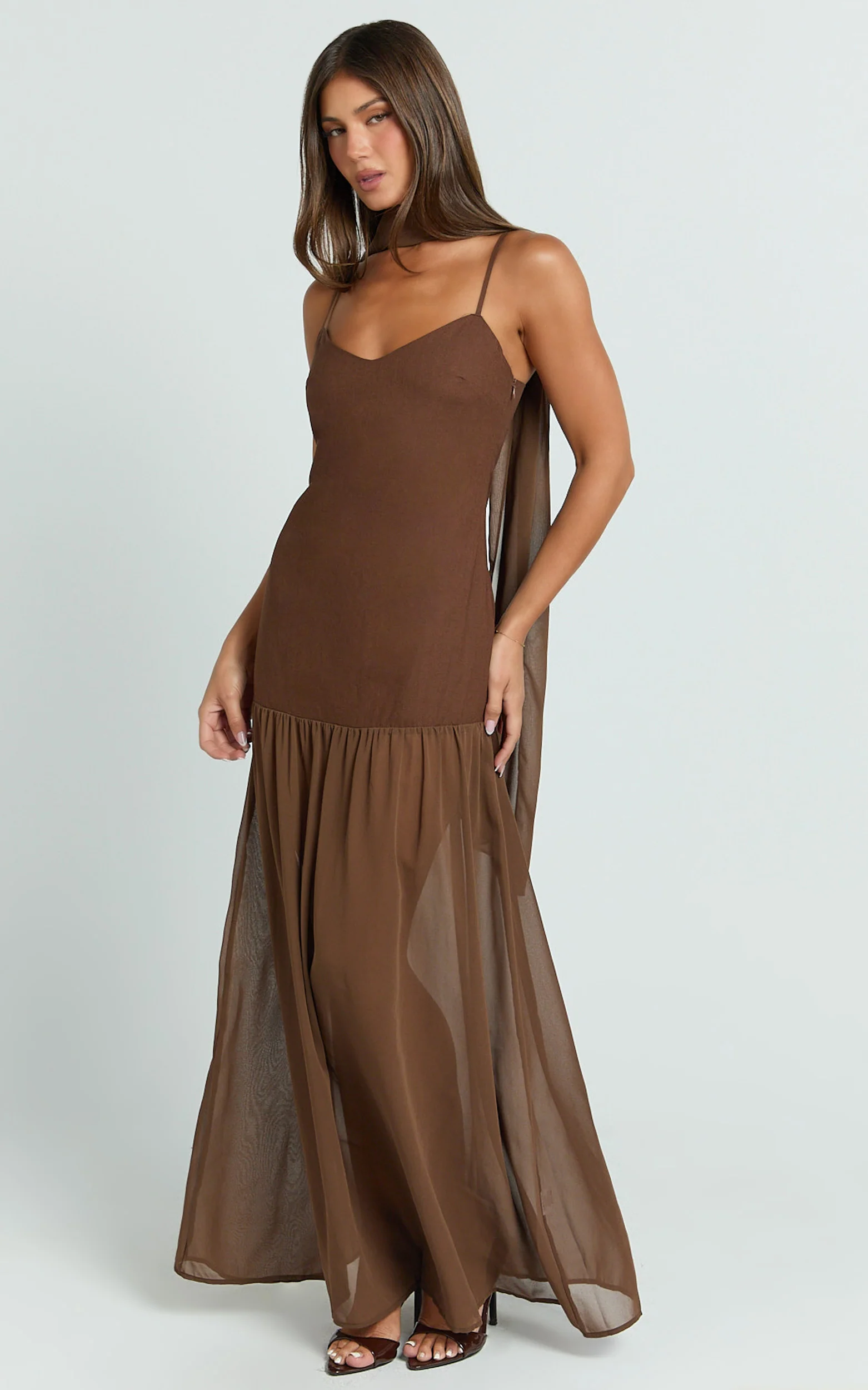Calvin Maxi Dress - Linen Look Contrast Georgette Skirt with Neck Scarf in Chocolate