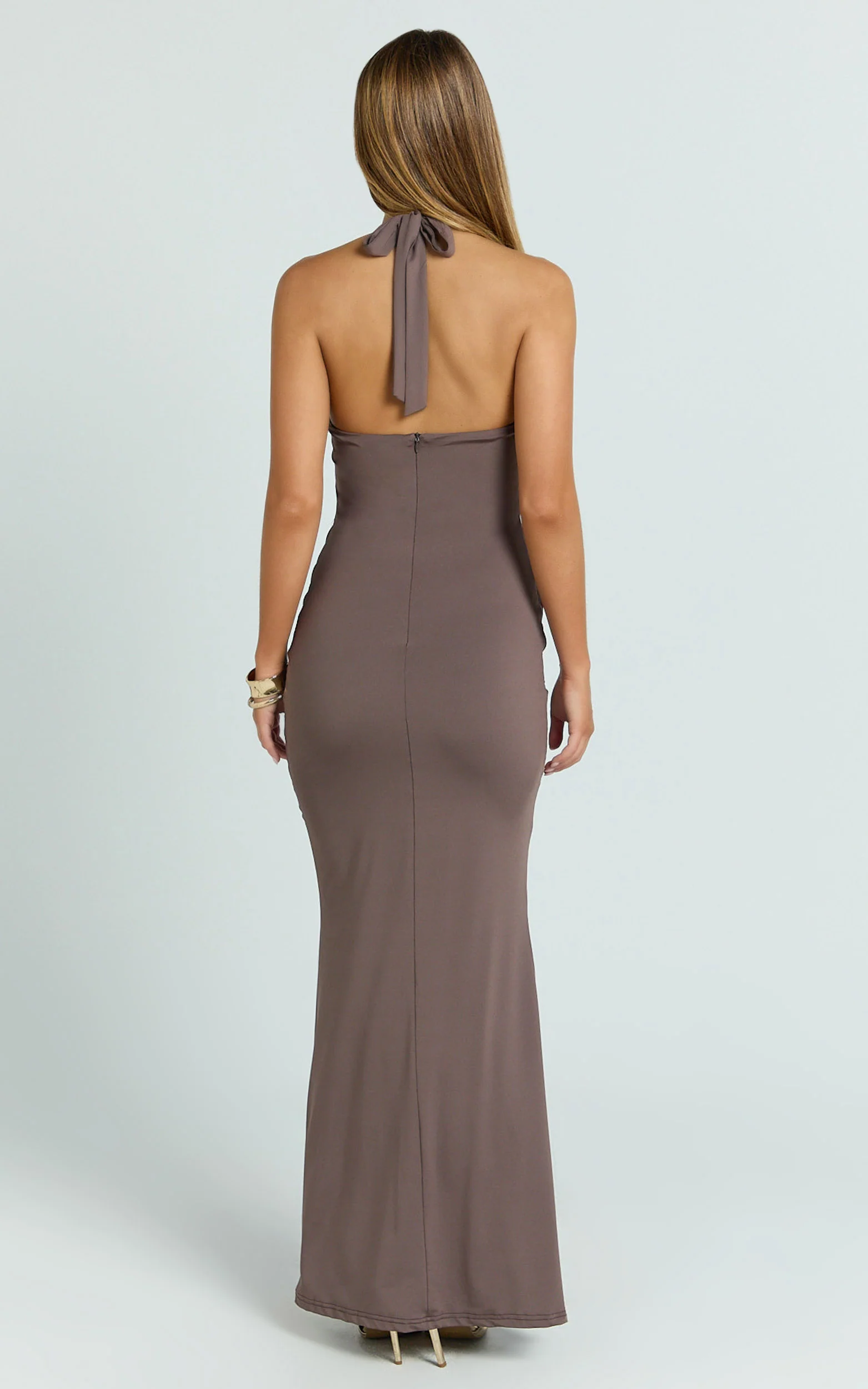 Heath Maxi Dress - Scoop Halter Neck With Drape Front Skirt Back Split Dress in Brown