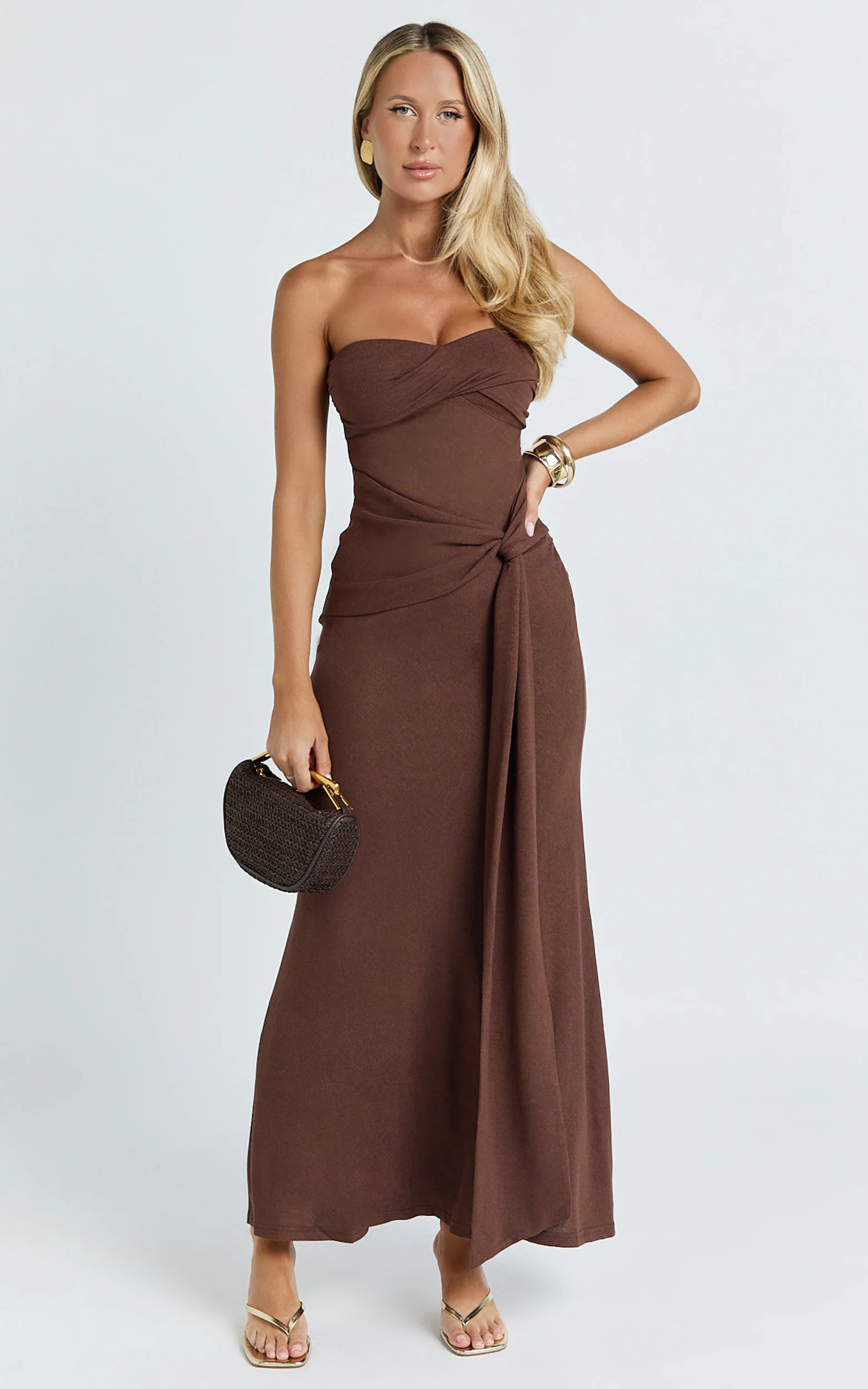 Aria Maxi Dress - Strapless Tie Waist Dress in Chocolate