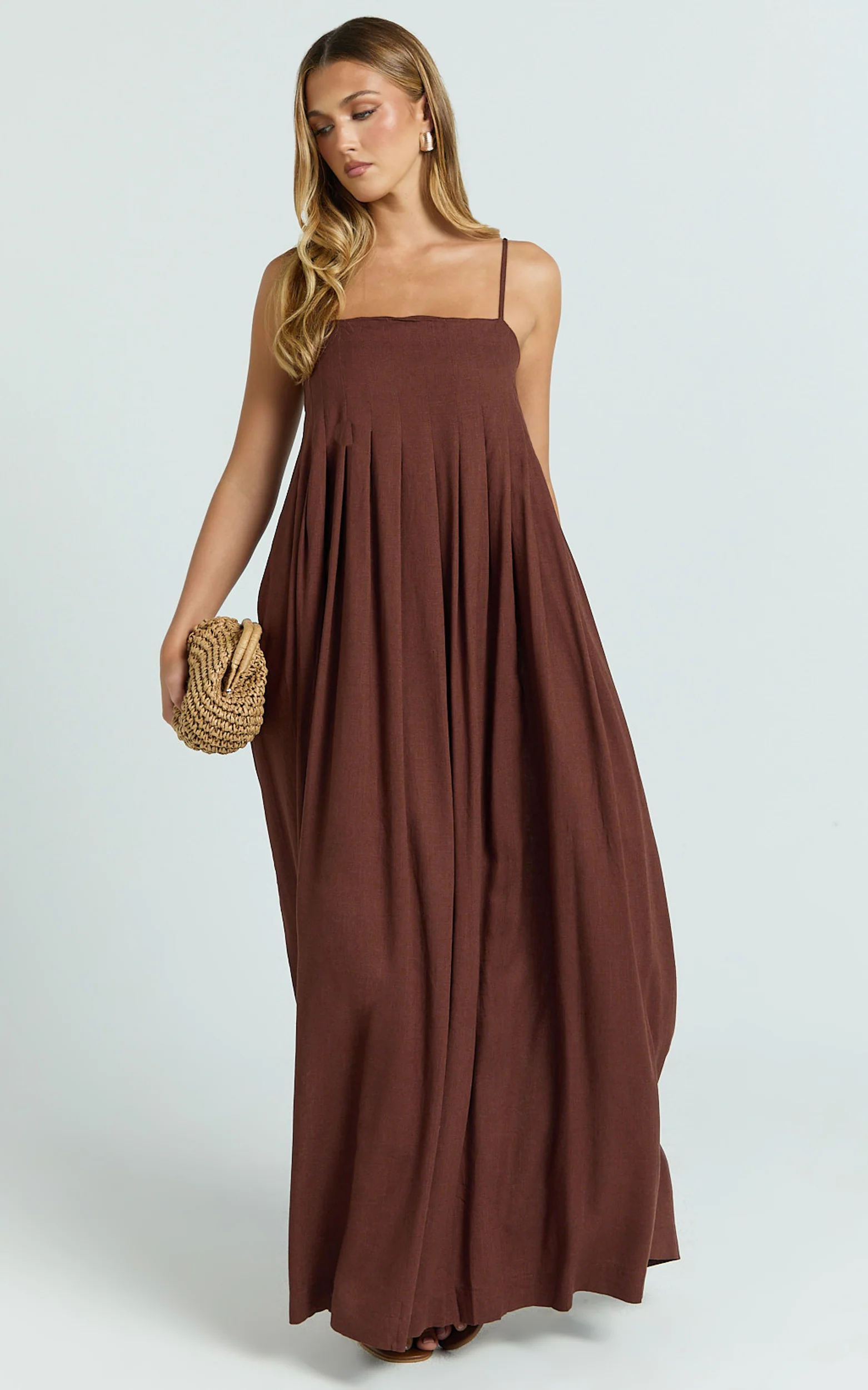 Cloe Midi Dress - Pleated Detail Dress in Chocolate