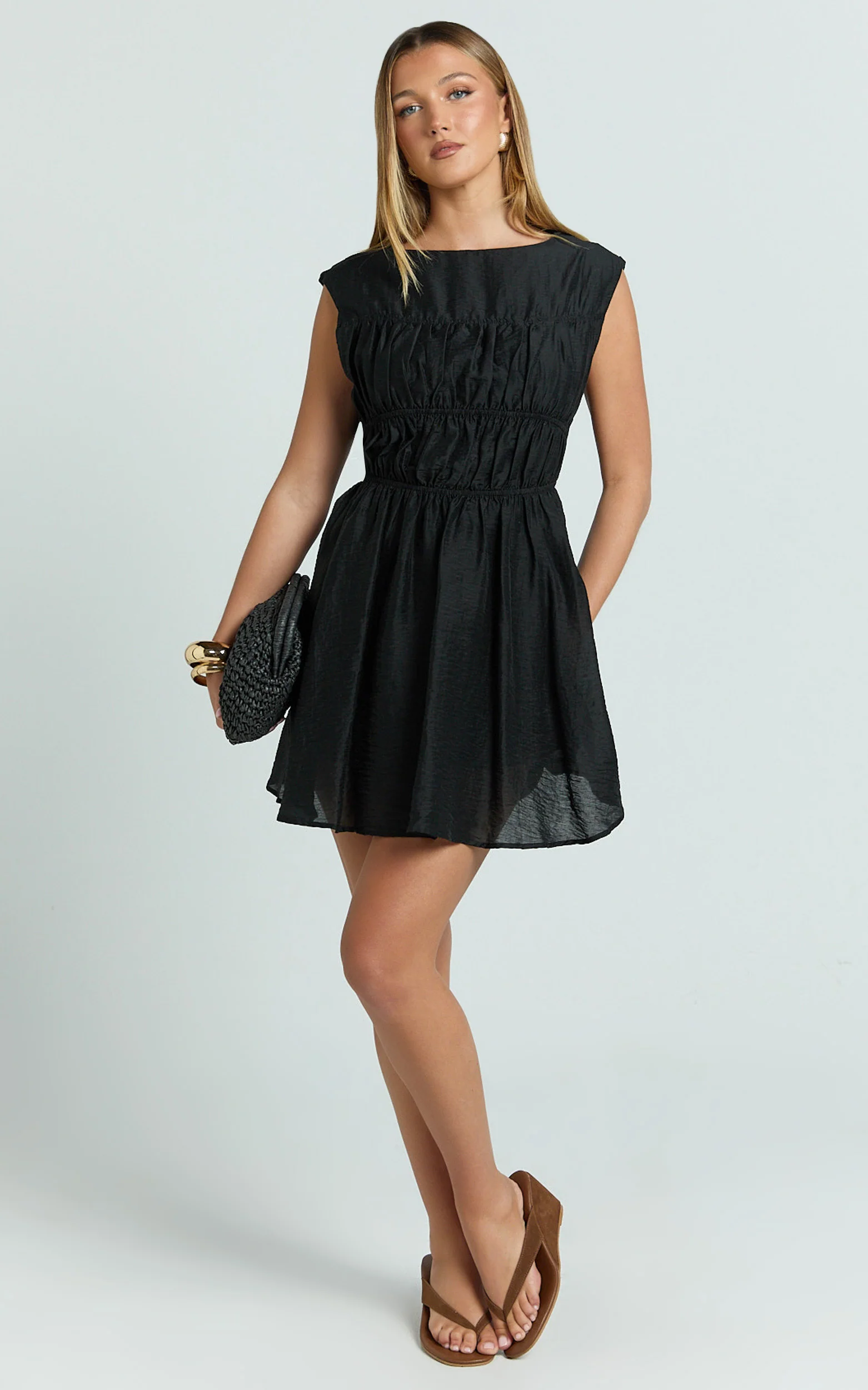 Faith Mini Dress - Sleeveless Ruched Bodice Dress in Black