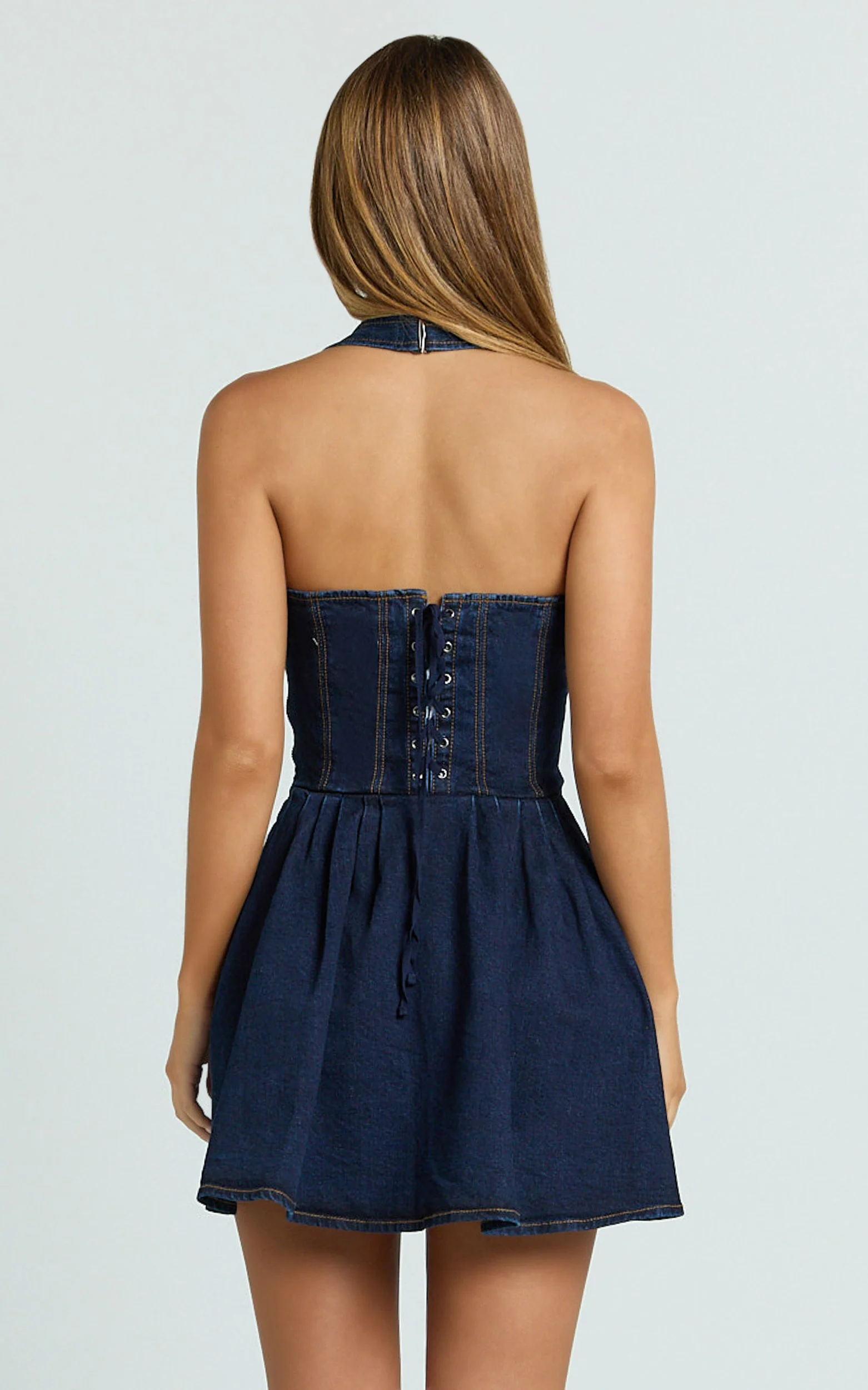 Hayes Mini Dress - Halter Neck Corset Bodice Dress in Dark Blue