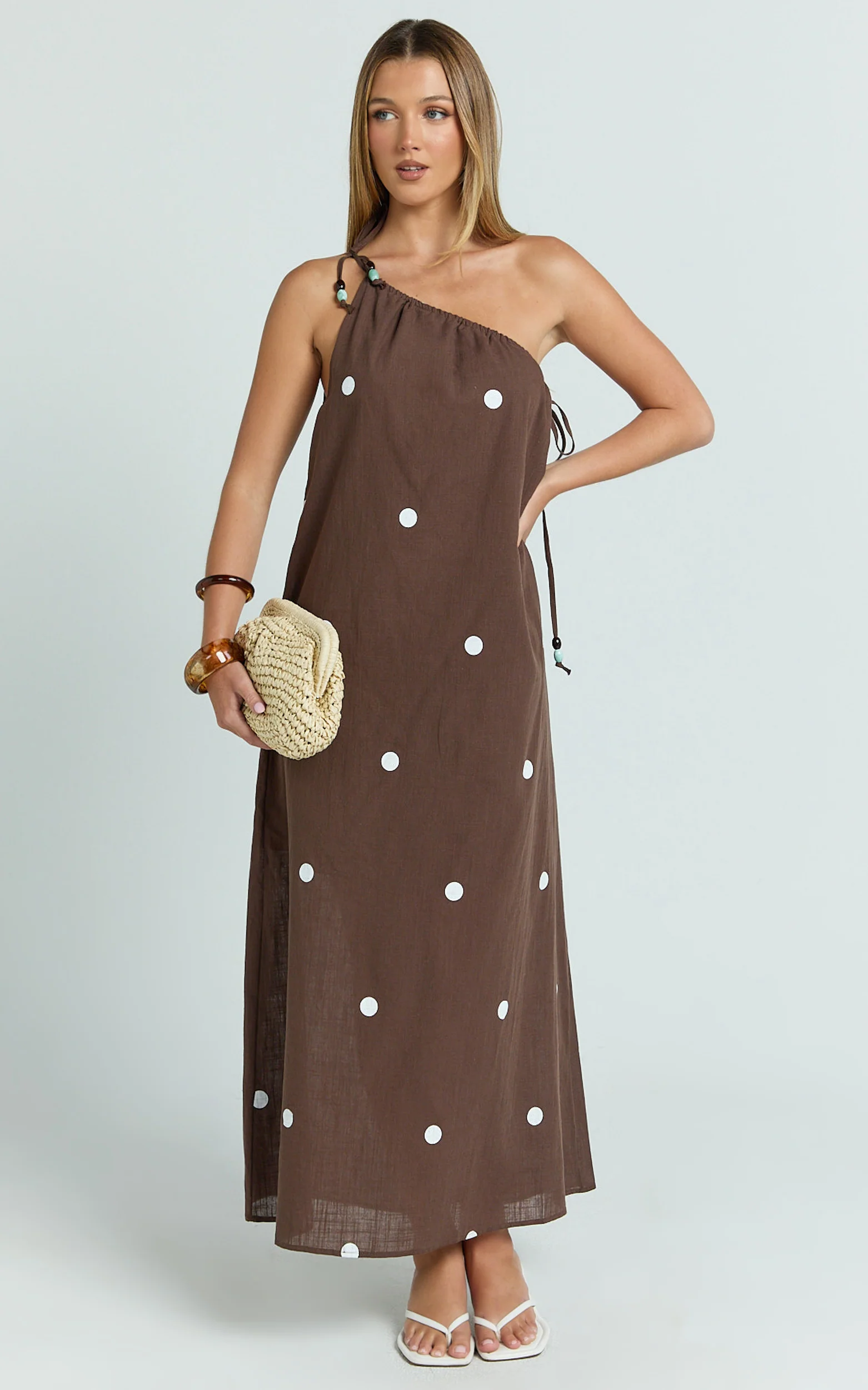 Gia Midi Dress - One Shoulder Dress in Chocolate Polka Dot