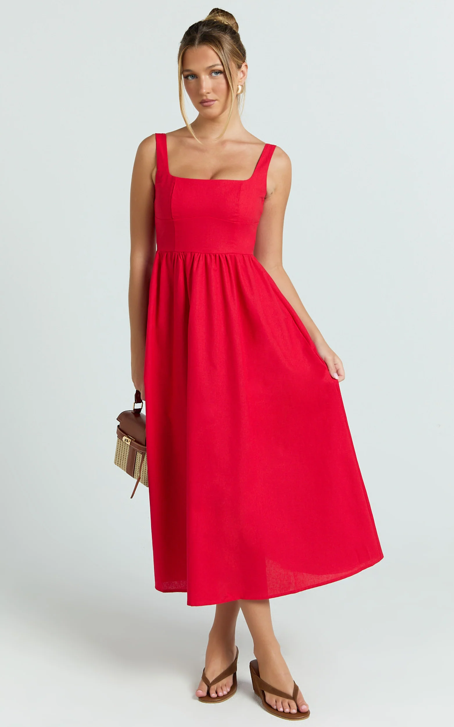 Khari Midi Dress - Linen Look Square A Line Dress in Red