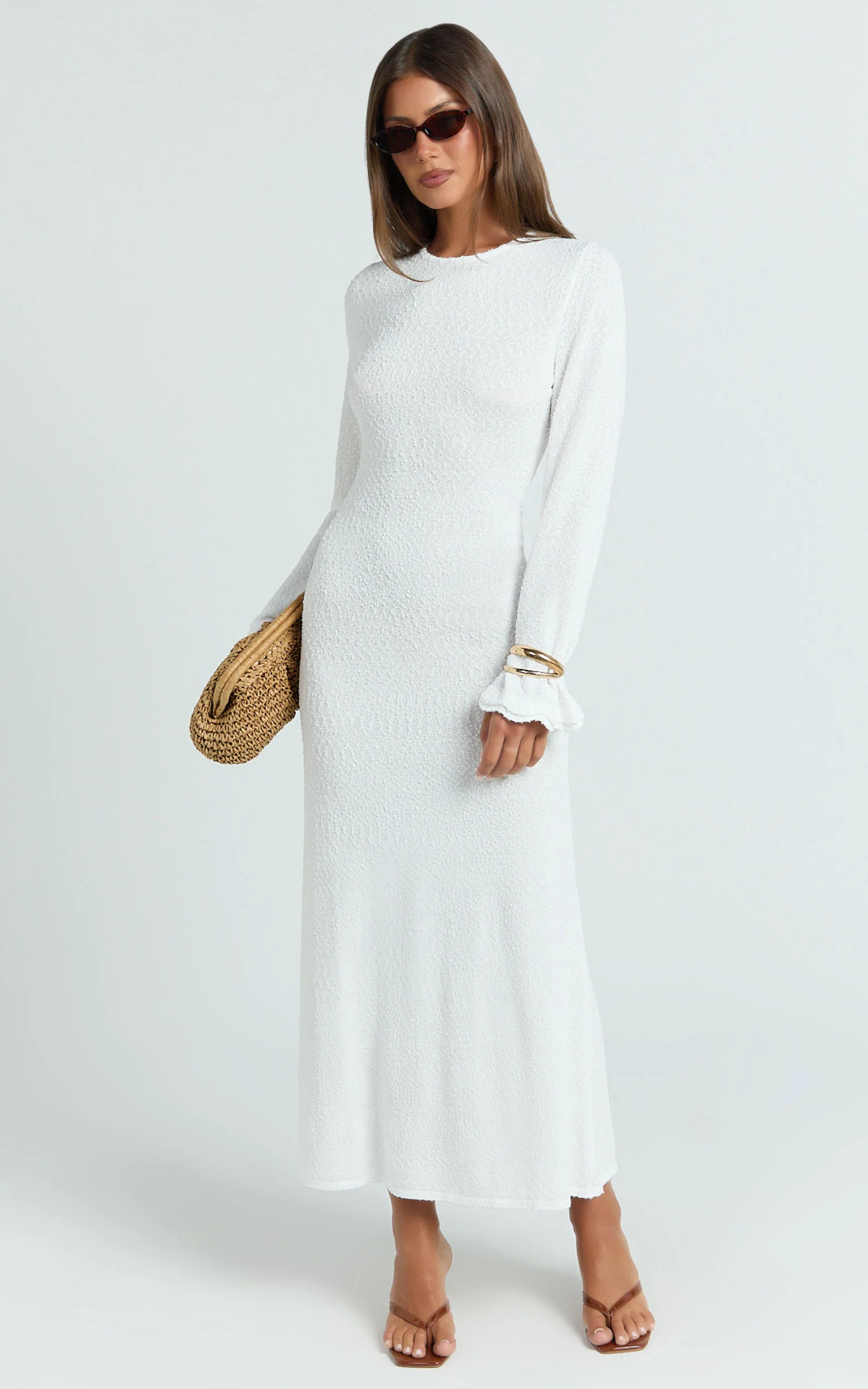 Tabitha Midi Dress - Long Sleeve Scallop Edge Knitted Midi Dress in White