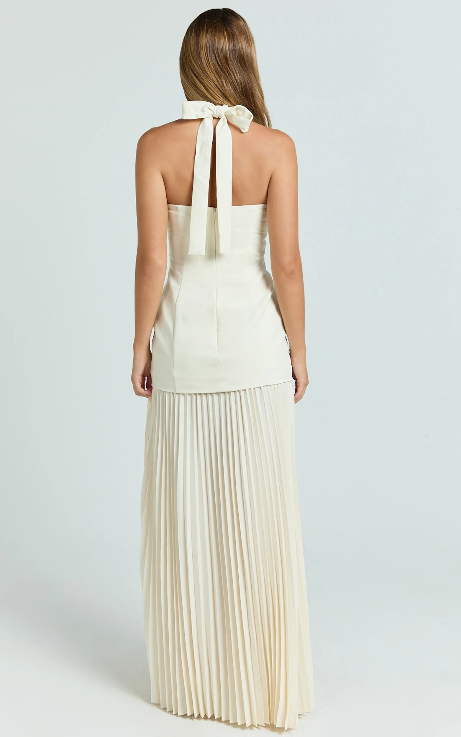 Loretta Maxi Dress - Contrast Halter Neck Pleated Dress in Pastel Yellow