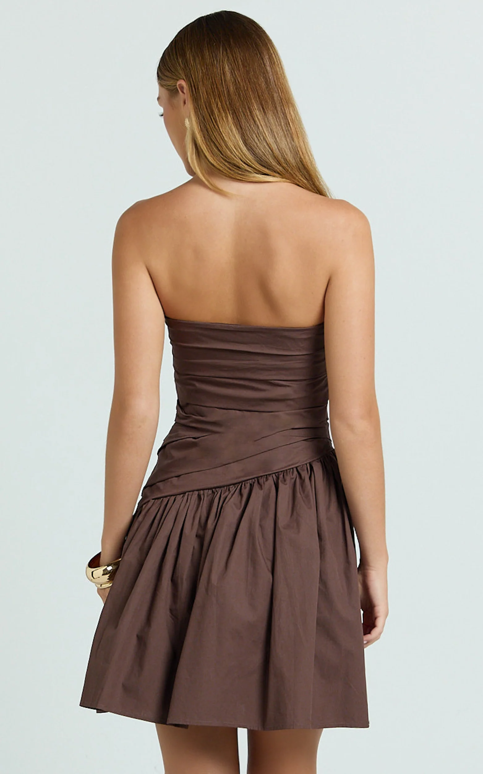 Almera Mini Dress - Strapless Ruched Dress in Chocolate