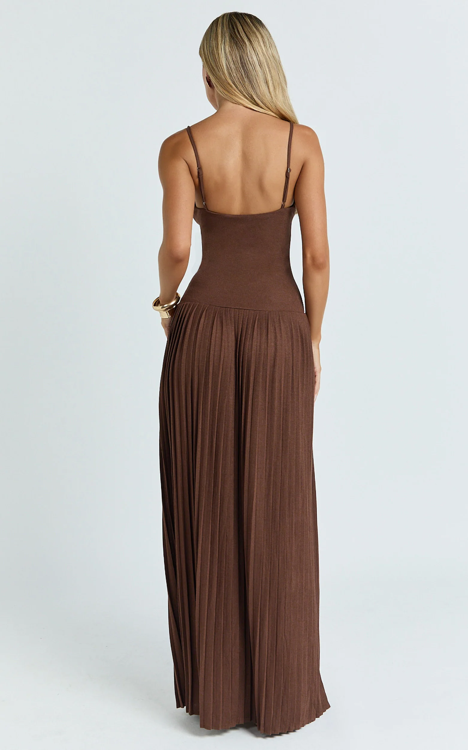 Hathaway Maxi Dress - U Shaped Neck Pleated Dress in Chocolate