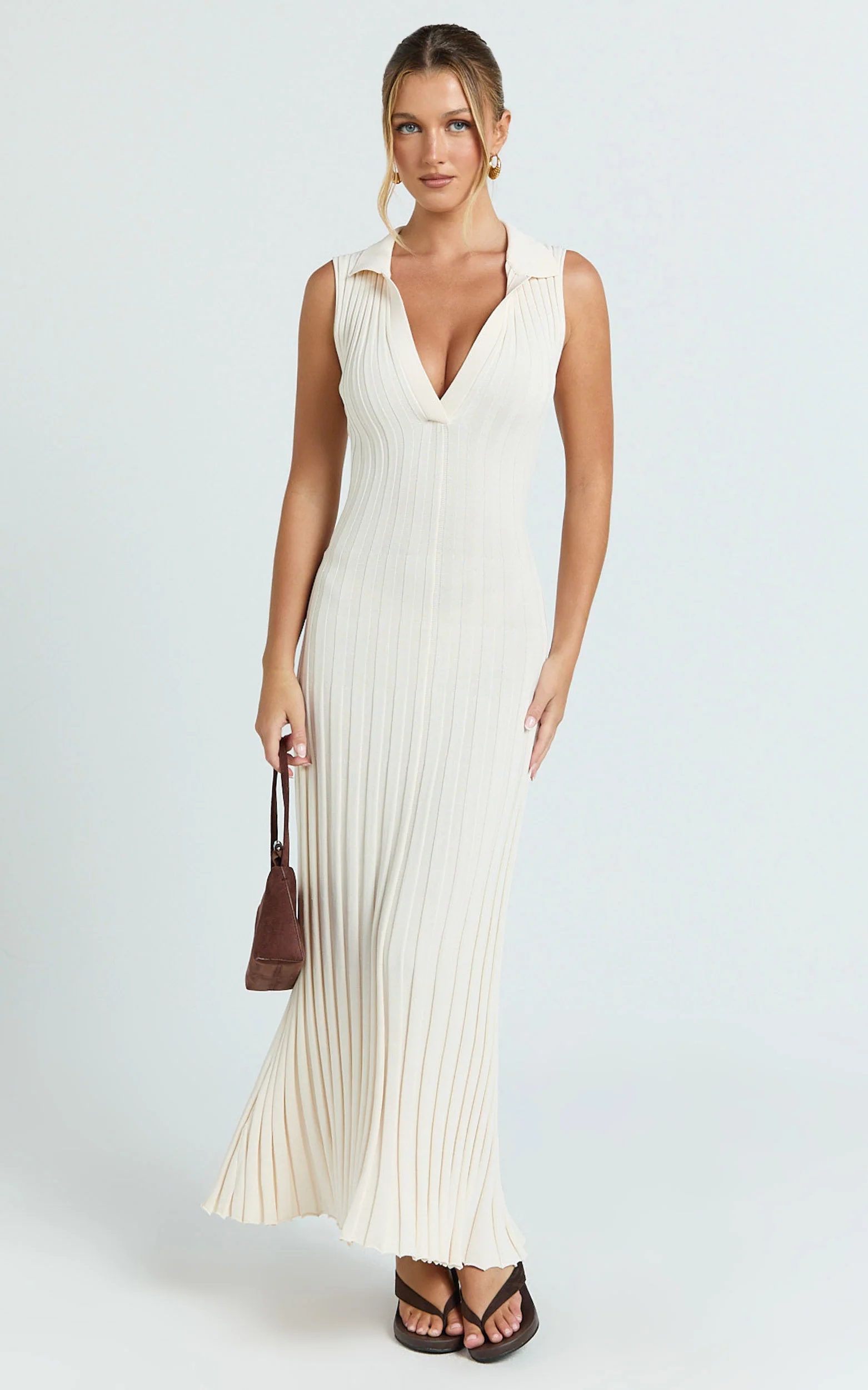 Kara Maxi Dress - Sleeveless Collared V Neck Knit Dress in Cream