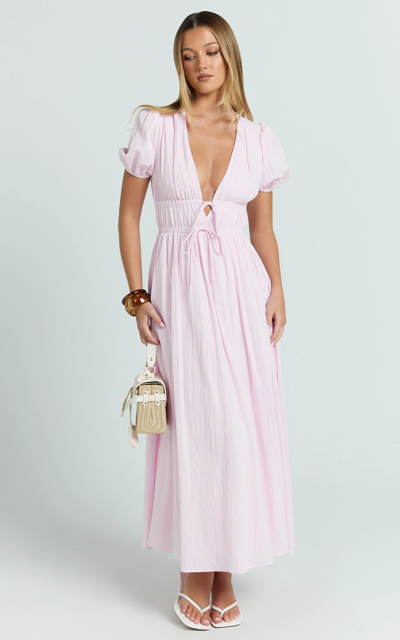 Matteo Midi Dress - Deep V Neck Puff Sleeve Dress in Pink