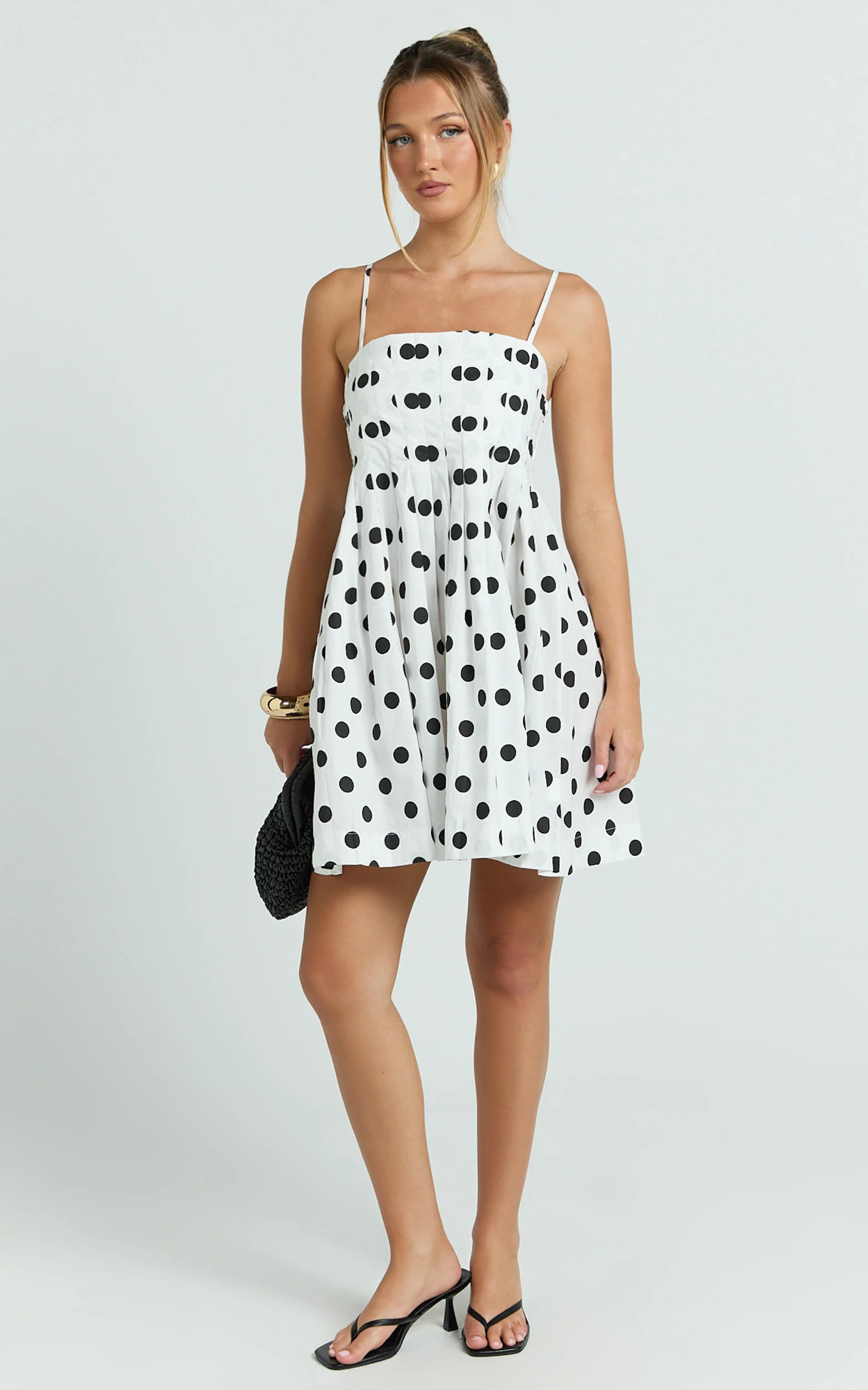 Sia Mini Dress - Sleeveless Straight Neck A Line Dress in White with Black spot