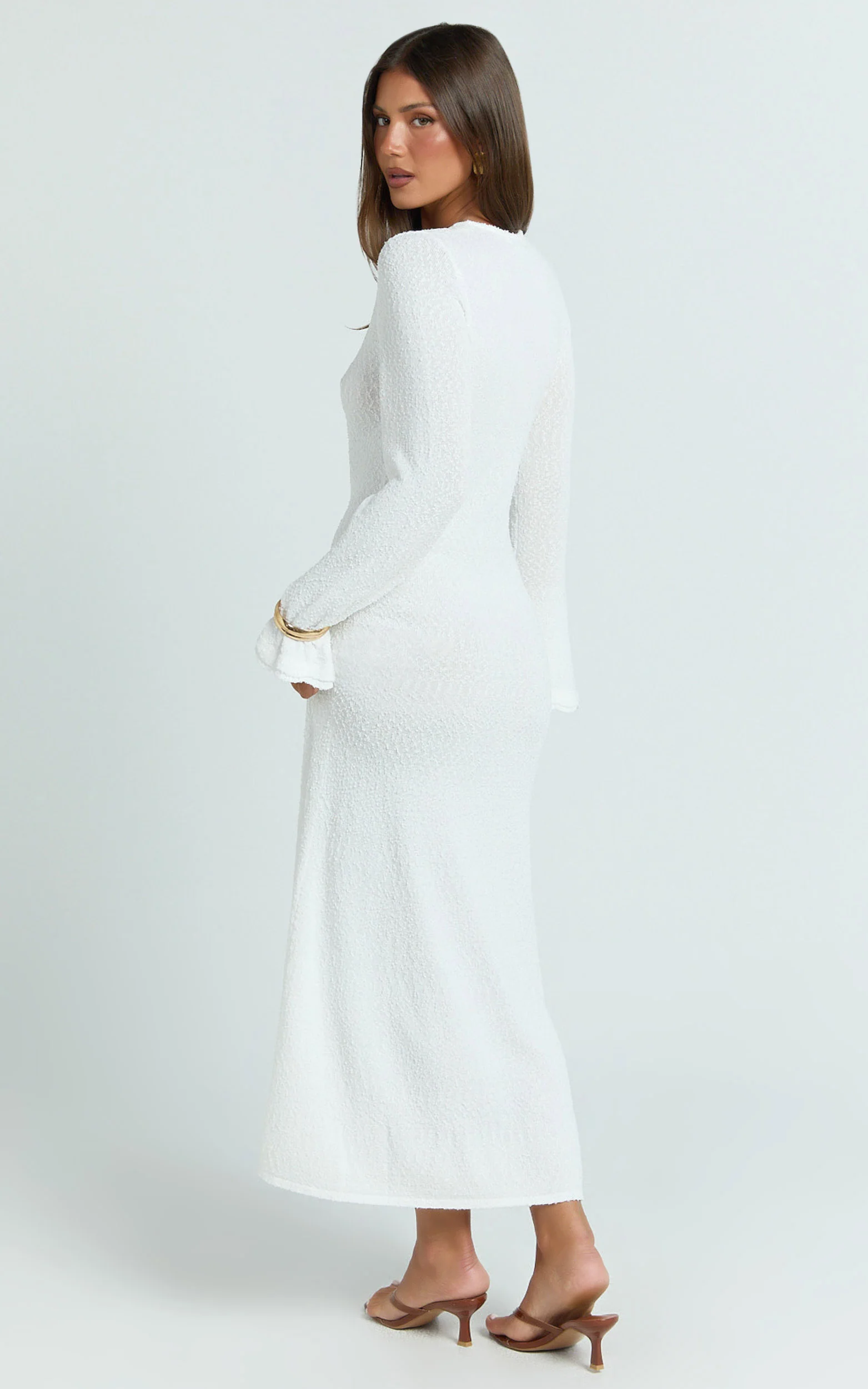 Tabitha Midi Dress - Long Sleeve Scallop Edge Knitted Midi Dress in White