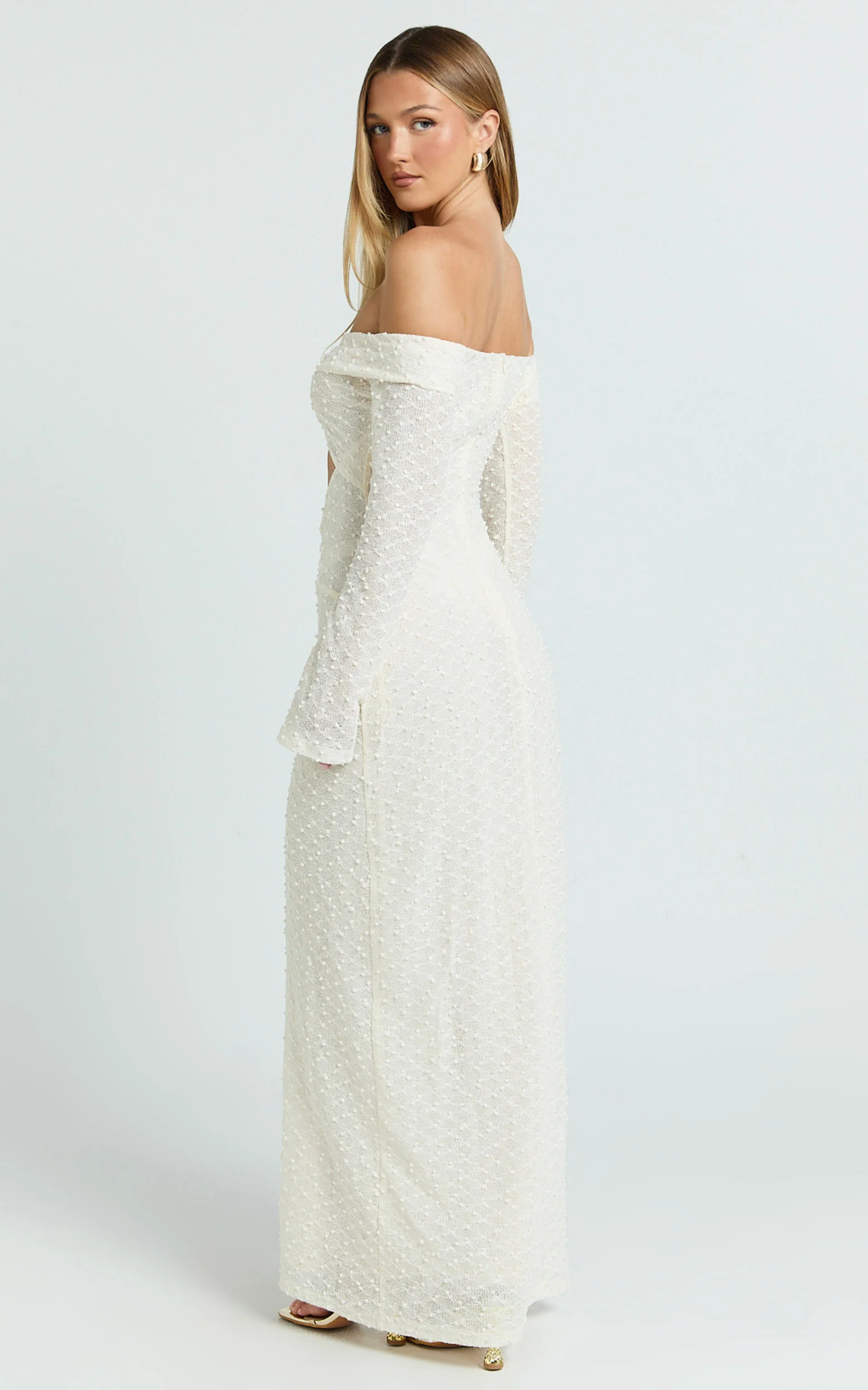 Romy Maxi Dress - Off Shoulder Long Sleeve Cut Out Gold Trim Fitted Dress in Ivory