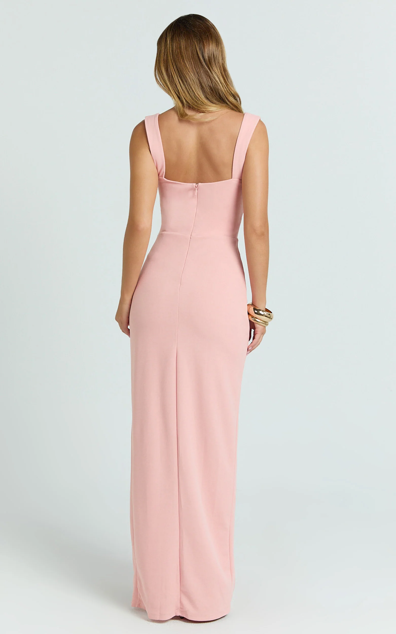Donna Maxi Dress - Cowl Neck Column High Split Dress in Pale Pink