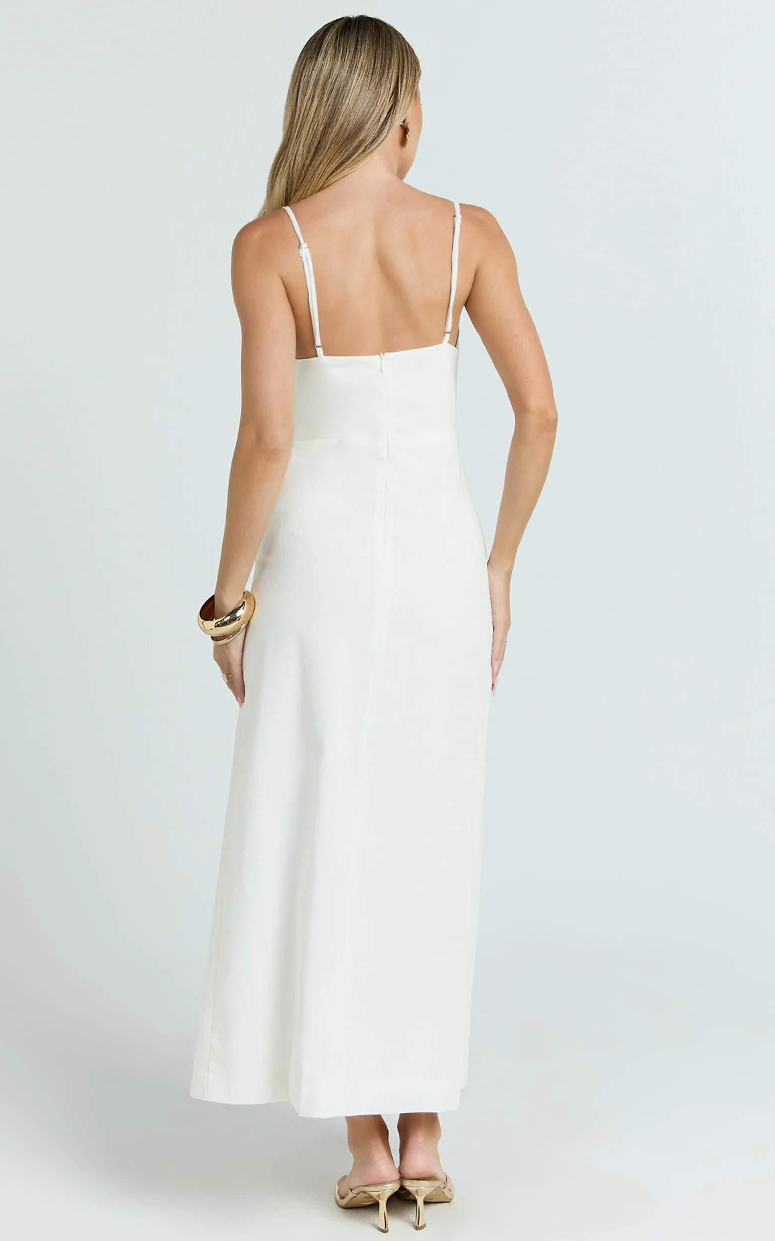 Estelle Midi Dress - Beaded Scallop Neck Split Leg Dress in Off White