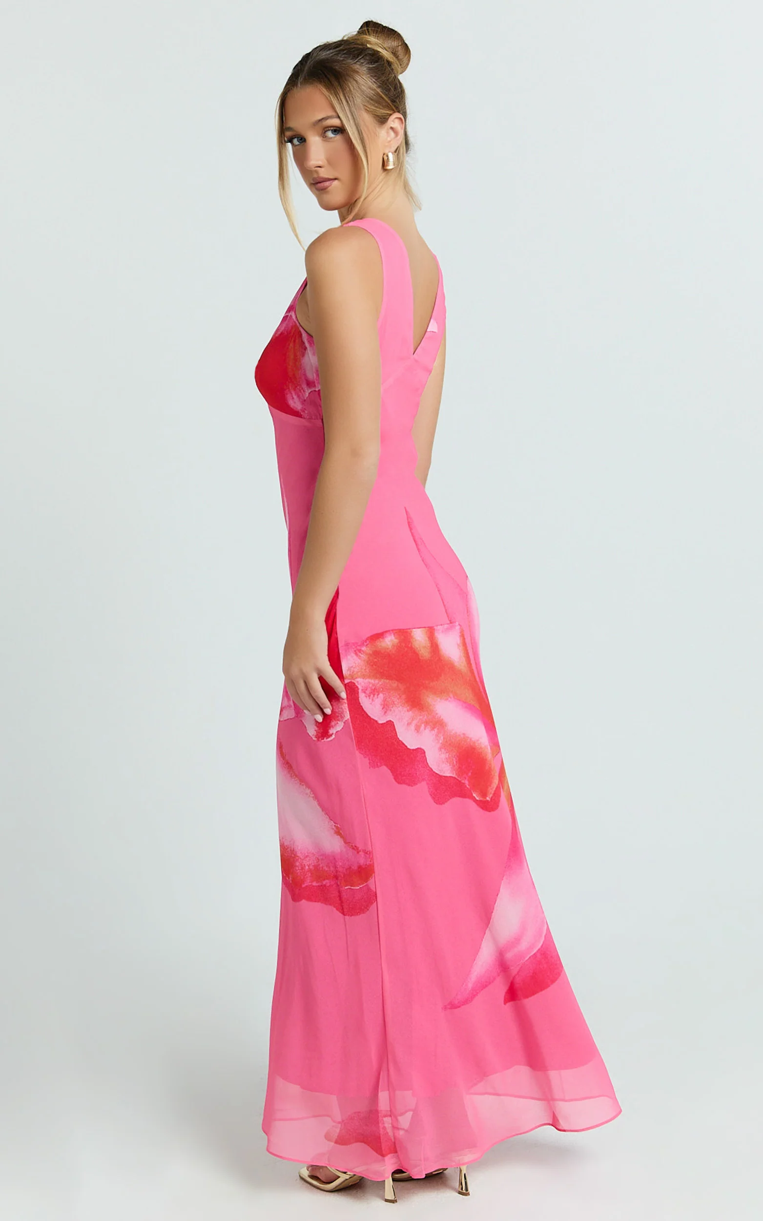 Iris Maxi Dress - Sleeveless V Neckline Dress in Fuschia Floral
