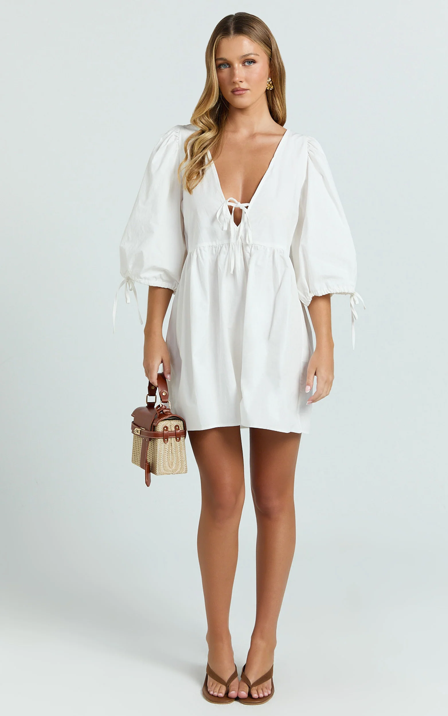 Rosita Mini Dress - Tie Front Puff Sleeve Dress in White