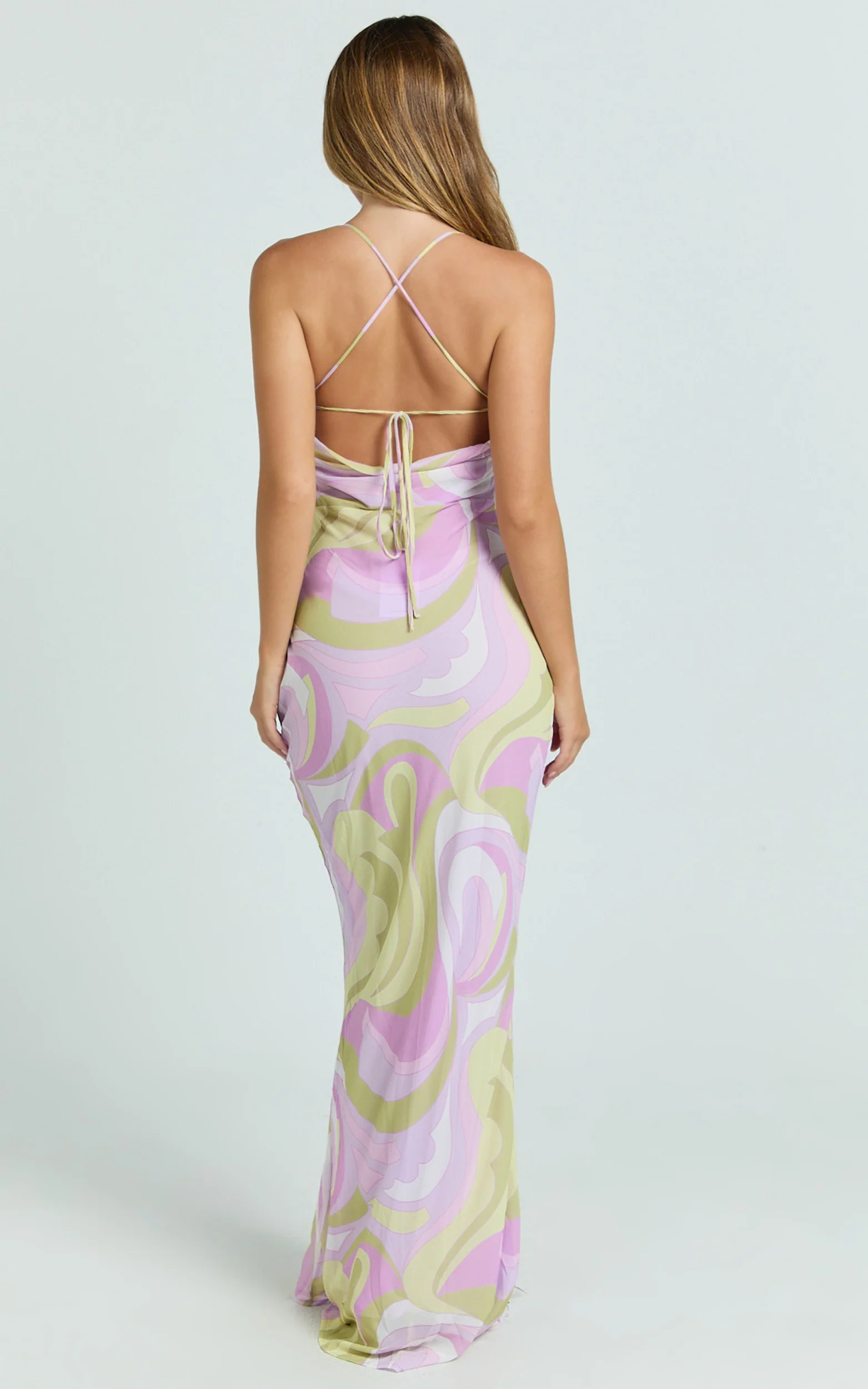 Krishna Maxi Dress - Strappy Scoop Neck Floral Placement Print Georgette Dress in Swirl Print