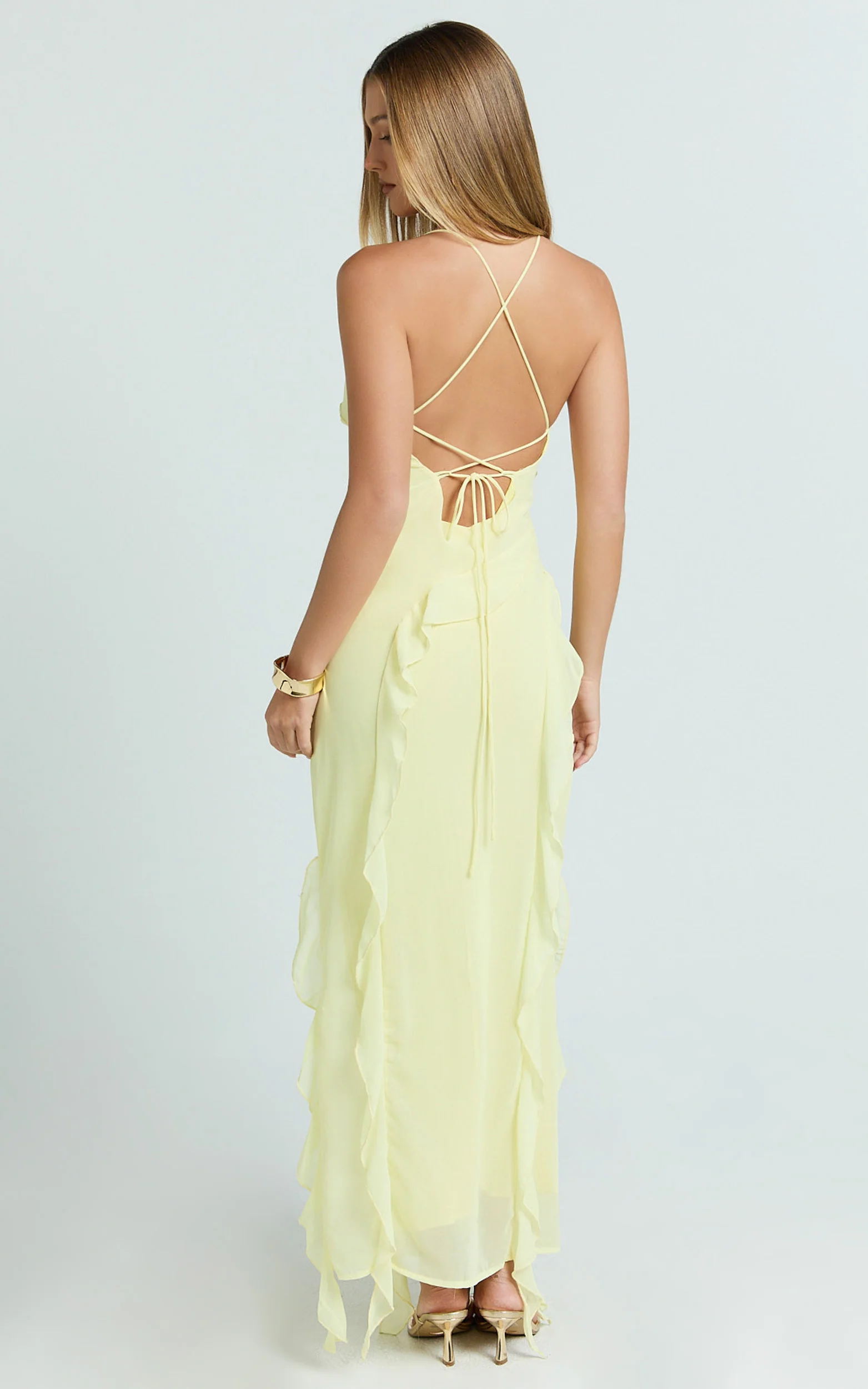 Connie Midi Dress - Ruffle Detail Dress in Lemon