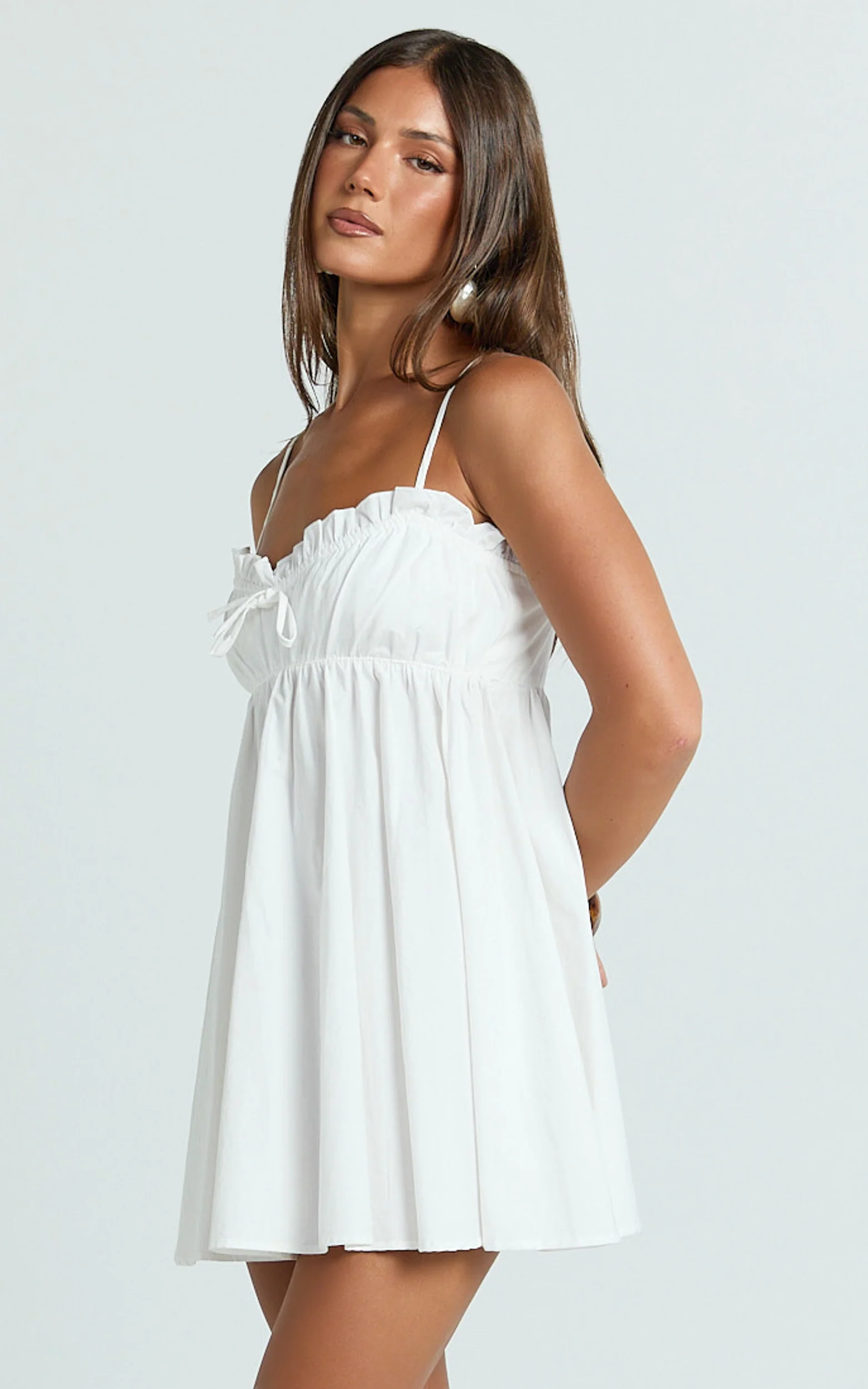 Augustine Mini Dress - Strappy Frill Babydoll Mini Dress in Off White