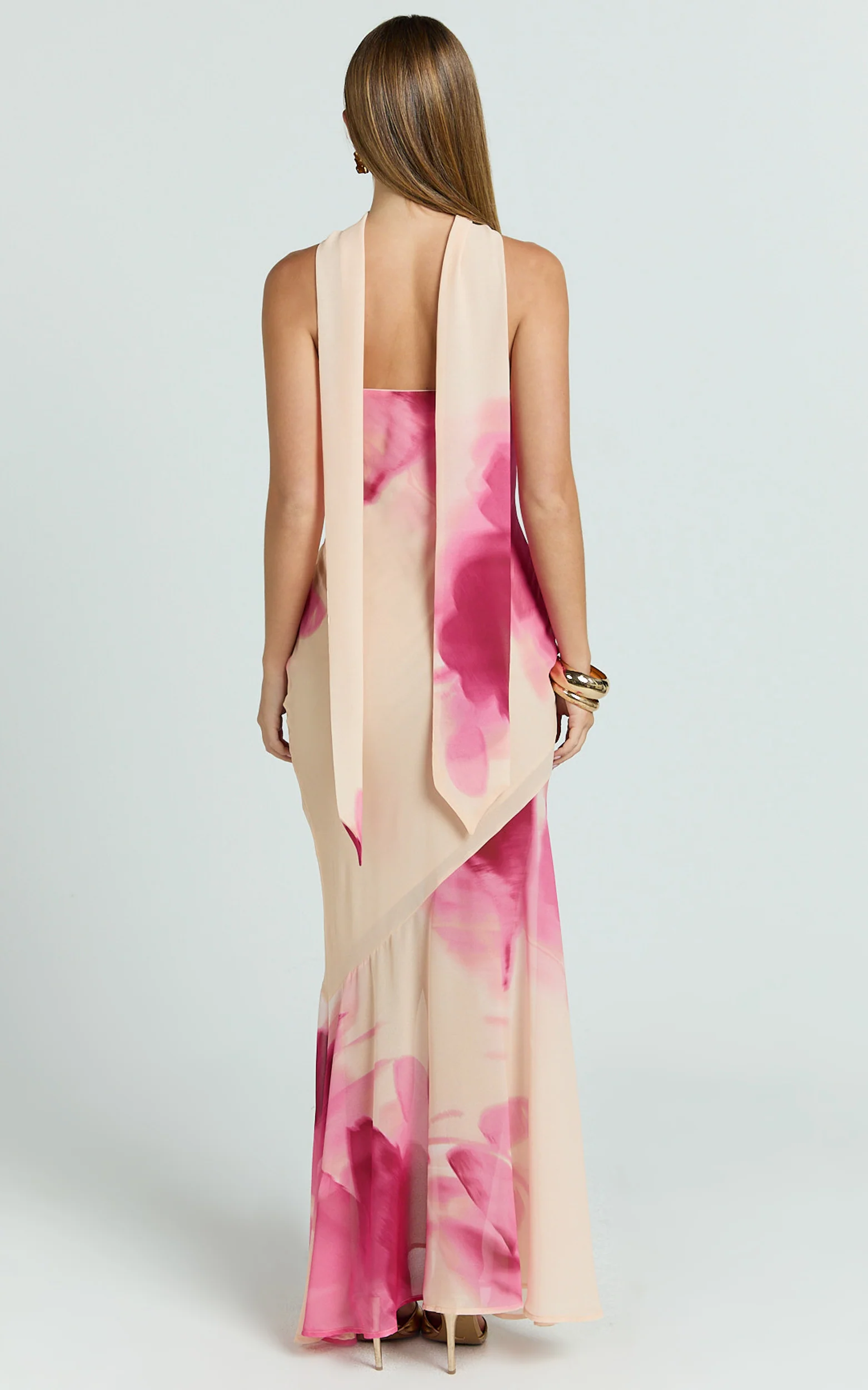 Angie Maxi Dress - Strapless Bias Column Dress with Scarf in Electric Bloom Lemon