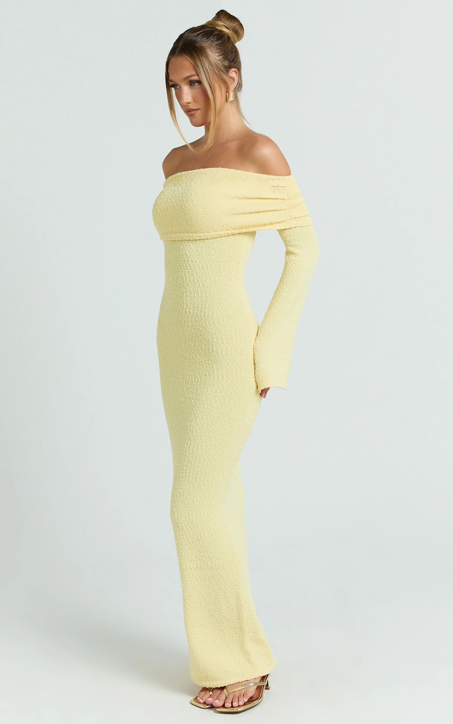 Pietra Maxi Dress - Knit Off Shoulder Dress in Lemon