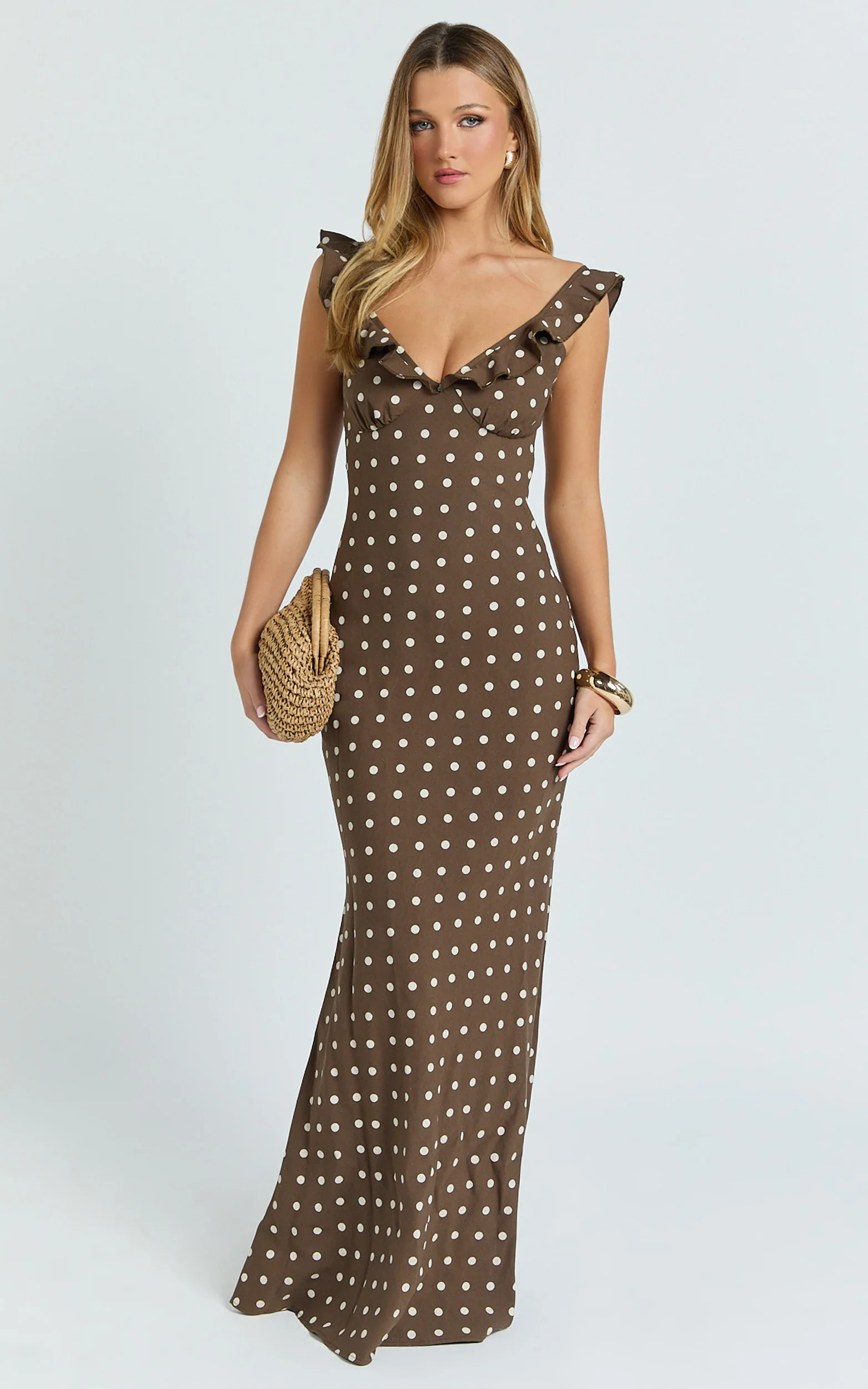 Isla Maxi Dress - Ruffle Sleeve Polka Dot Dress in Chocolate Polka Dot