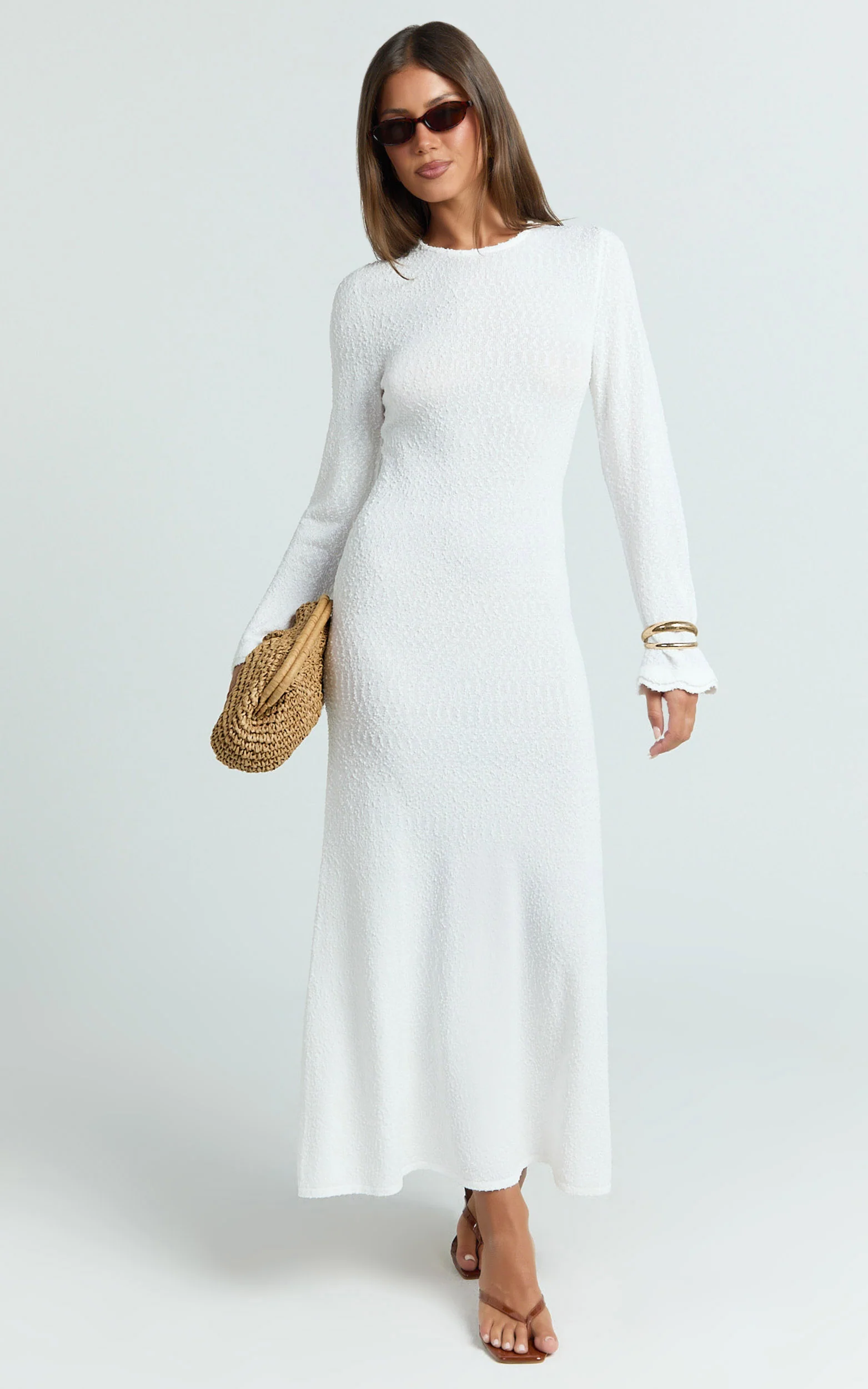 Tabitha Midi Dress - Long Sleeve Scallop Edge Knitted Midi Dress in White