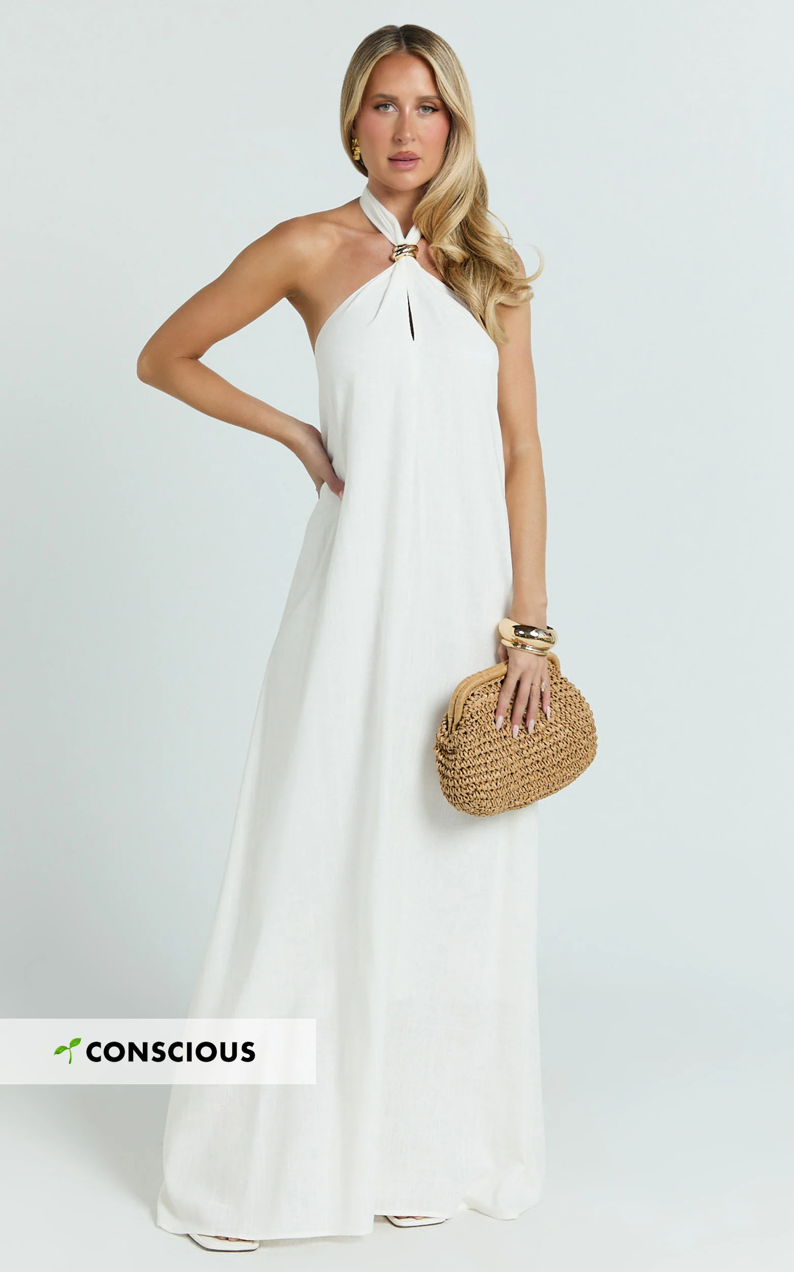 Jhazmine Maxi Dress - Halterneck Linen Gold Trim Dress in Off White