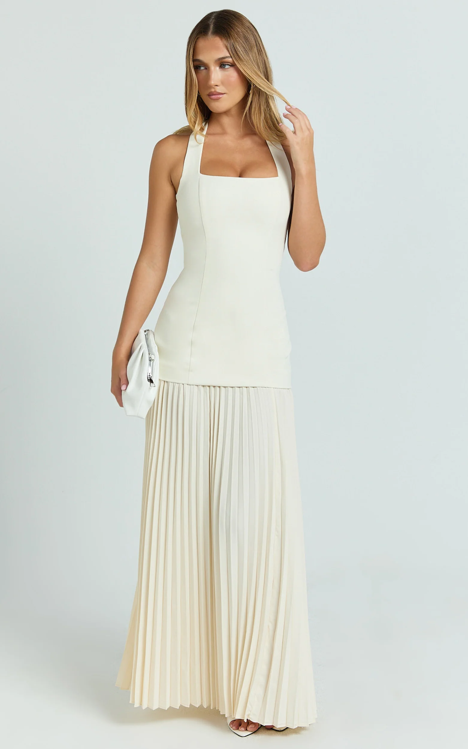 Loretta Maxi Dress - Contrast Halter Neck Pleated Dress in Pastel Yellow