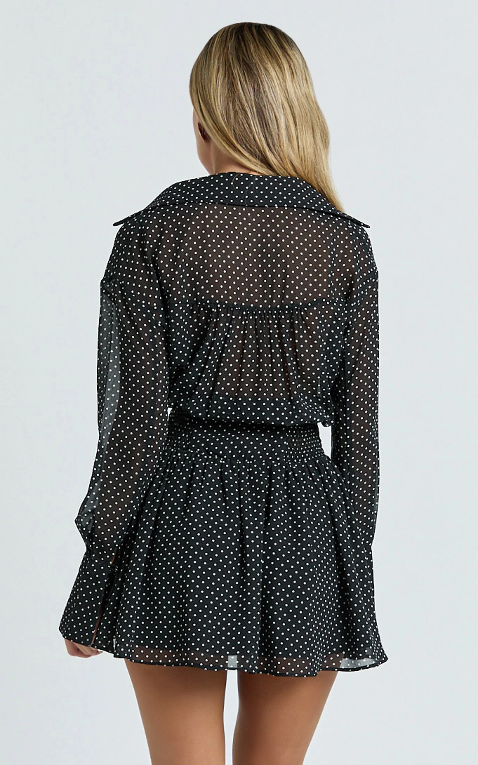 Valerie Mini Dress - Collared Long Sleeve Waist Shirt Dress in Black Polka Dot