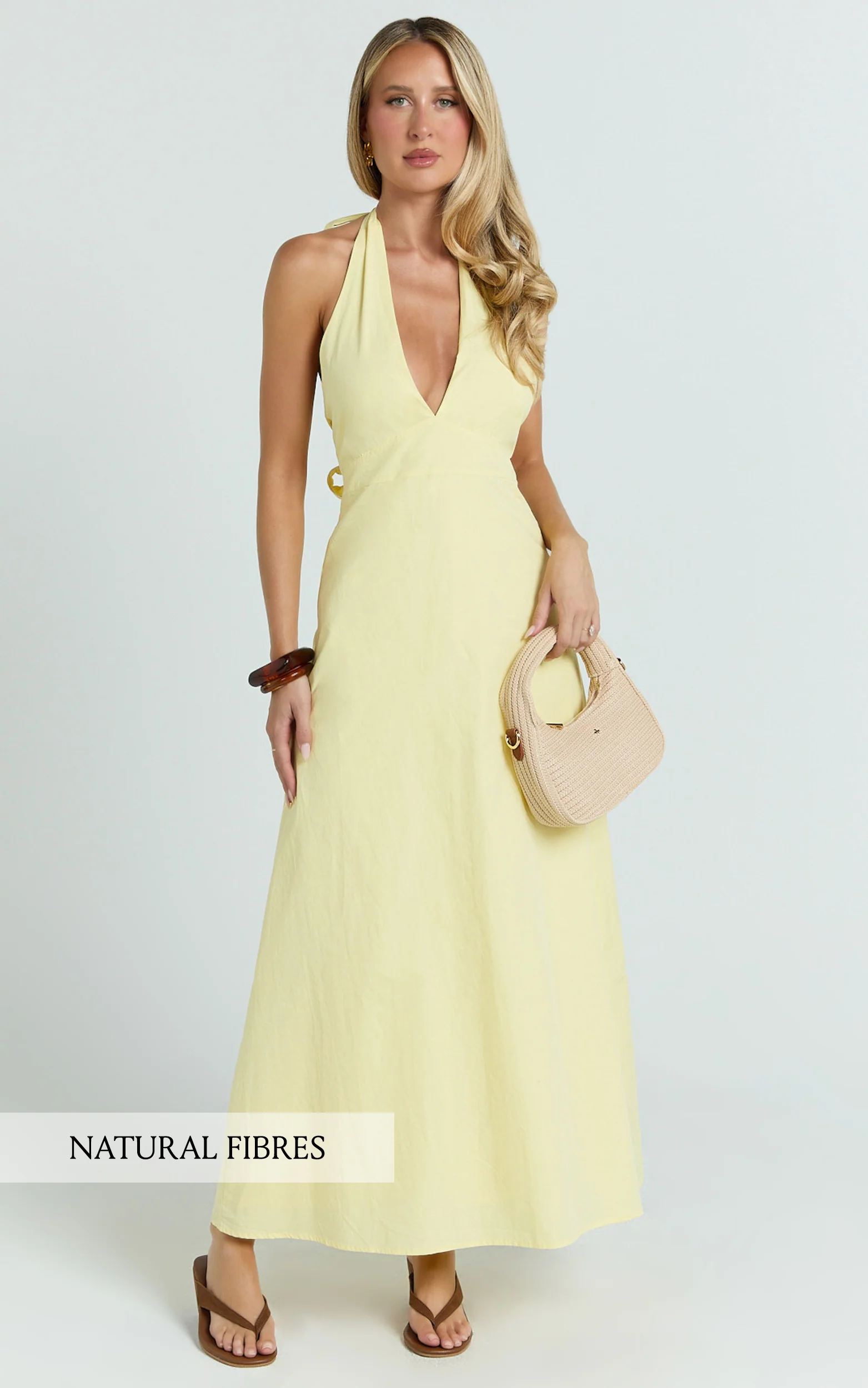 Connor Maxi Dress - Halter Neck Tie Back Dress in Lemon