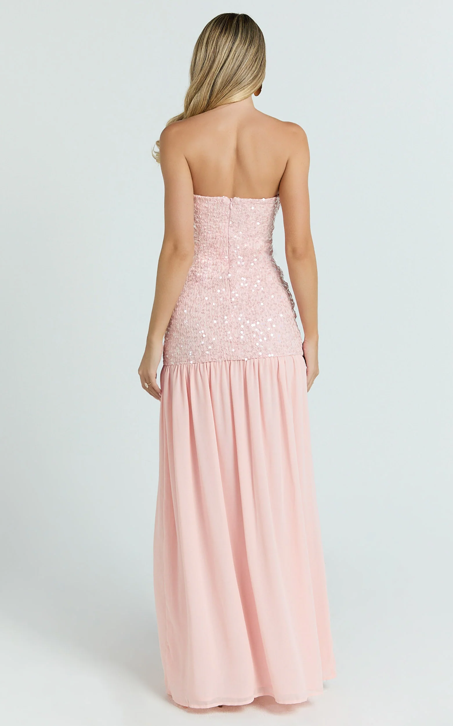 Georgina Maxi Dress - Sequin Strapless Front Split Dress in Pink