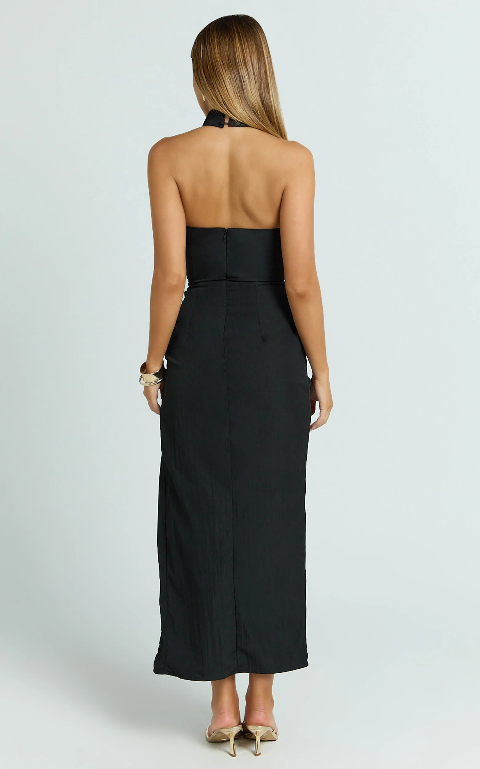 Finn Midi Dress - Folded Cowl Halter With Front Leg Split in Black