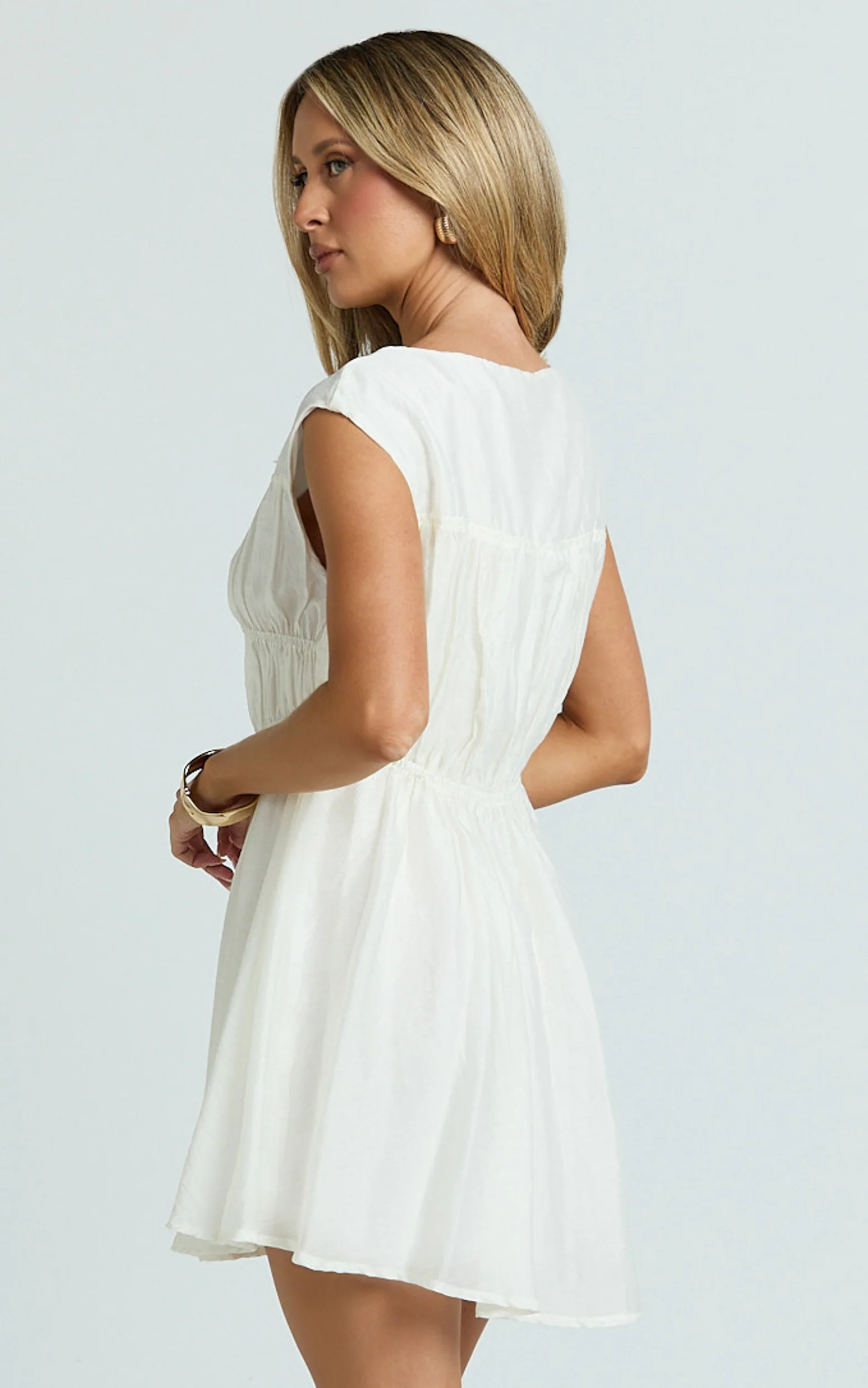 Faith Mini Dress - Sleeveless Ruched Bodice Dress in White
