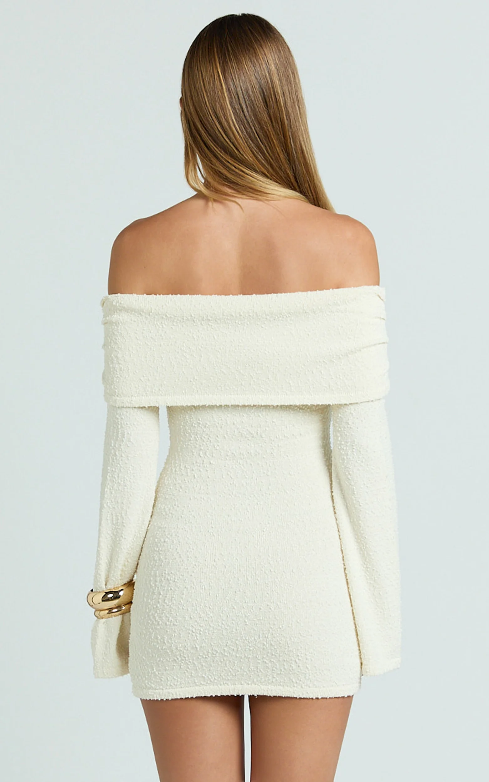 Rhianna Mini Dress - Knitted Off Shoulder Tie Waist Mini Dress in Cream