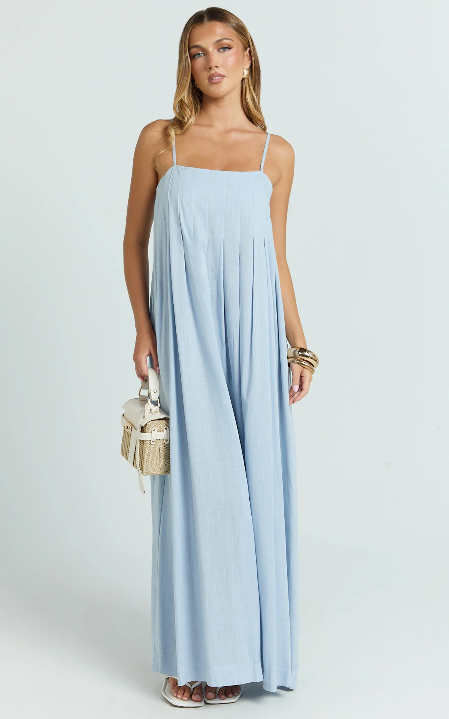 Cloe Midi Dress - Pleated Detail Dress in Blue