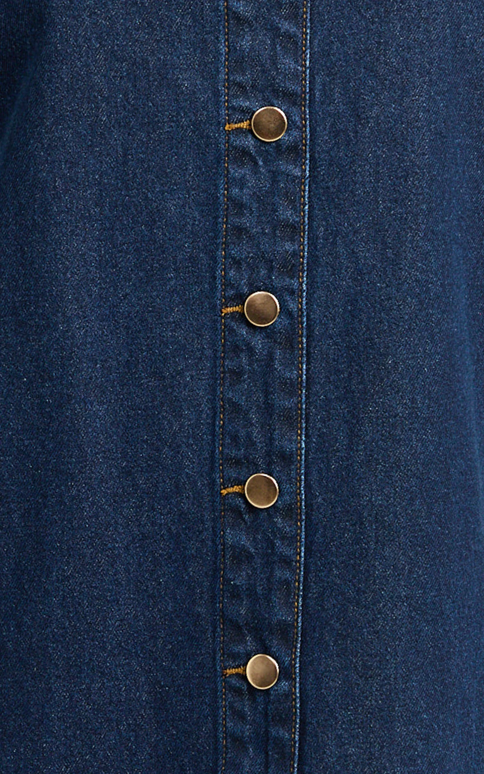 Leia Mini Dress - High Neck Mock Button Down Mini Dress in Dark Blue Wash