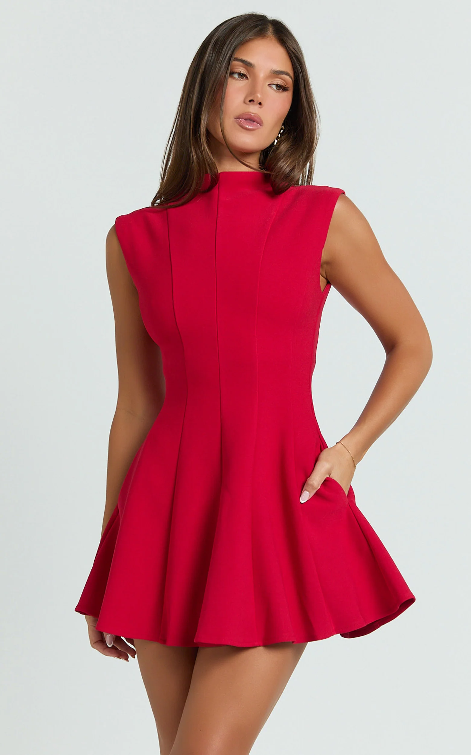 Becky Mini Dress - High Neck Sleeveless Fit And Flare Dress in Red