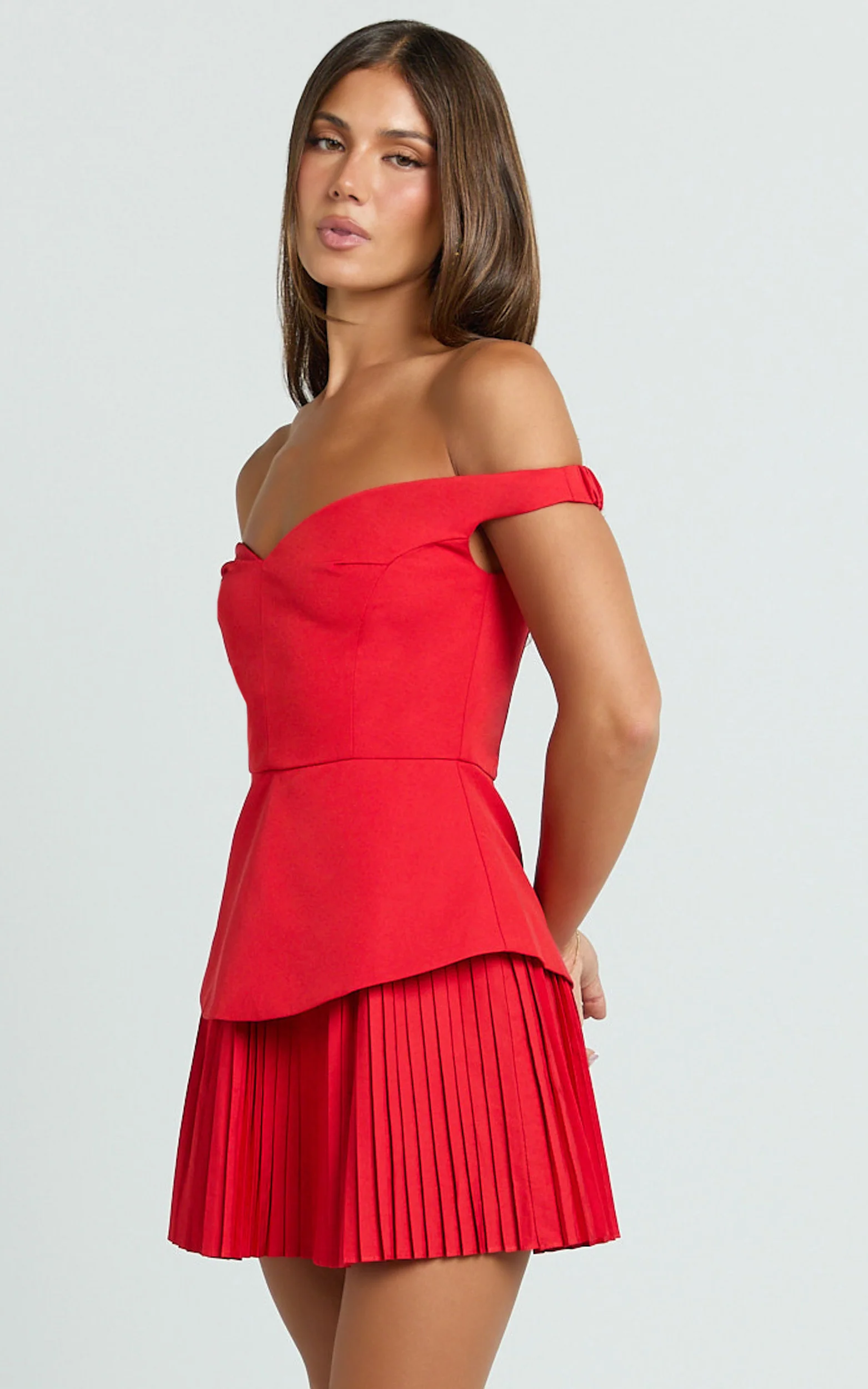 Izara Mini Dress - Off Shoulder Pleated Dress in Red