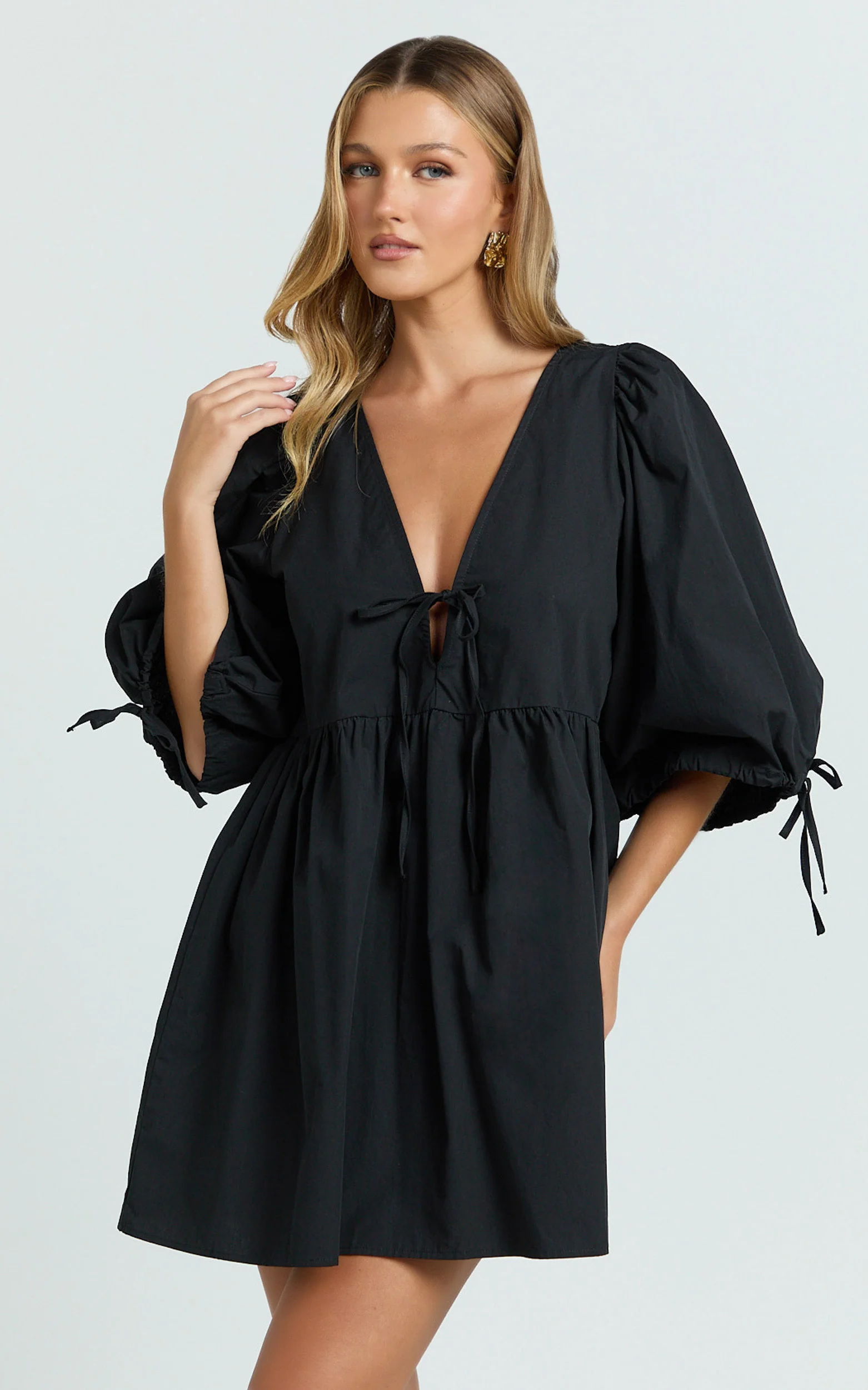 Rosita Mini Dress - Tie Front Puff Sleeve Dress in Black