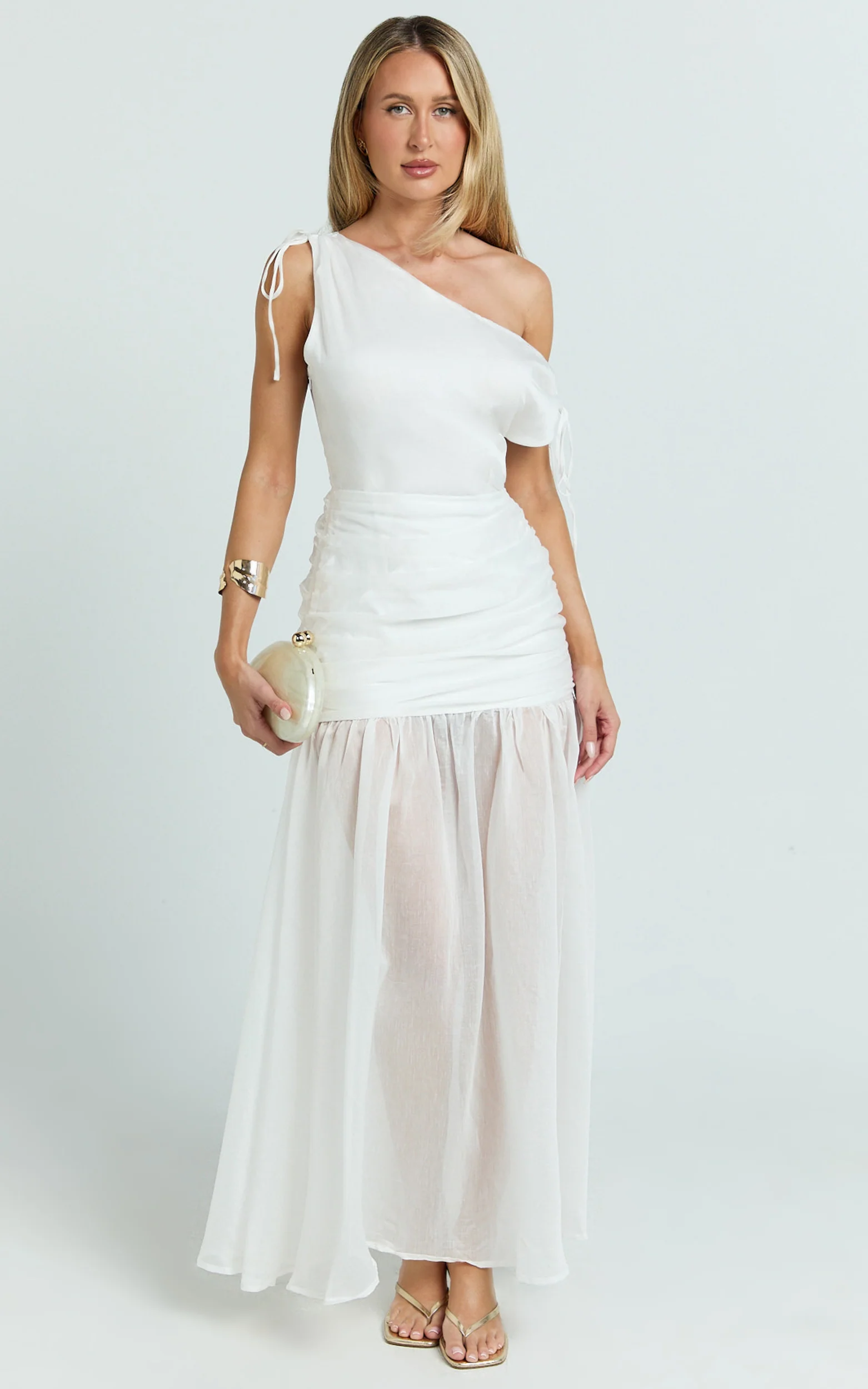 Mackenzie Maxi Dress - Tipped Shoulder Drop Waist Full Gathered Skirt Dress in White