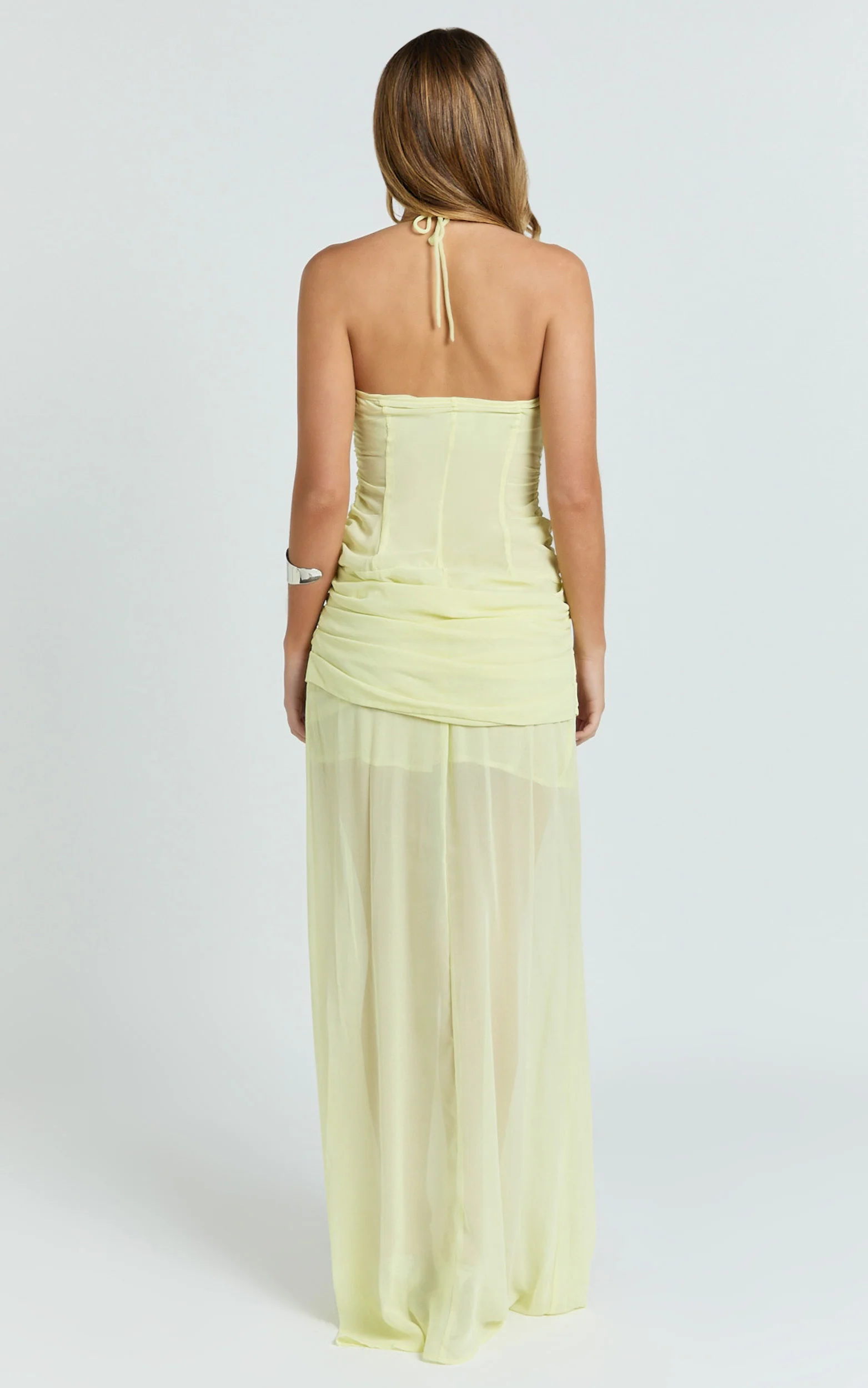 Hudgens Maxi Dress - Georgette Halter Draped Skirt Dress in Lemon