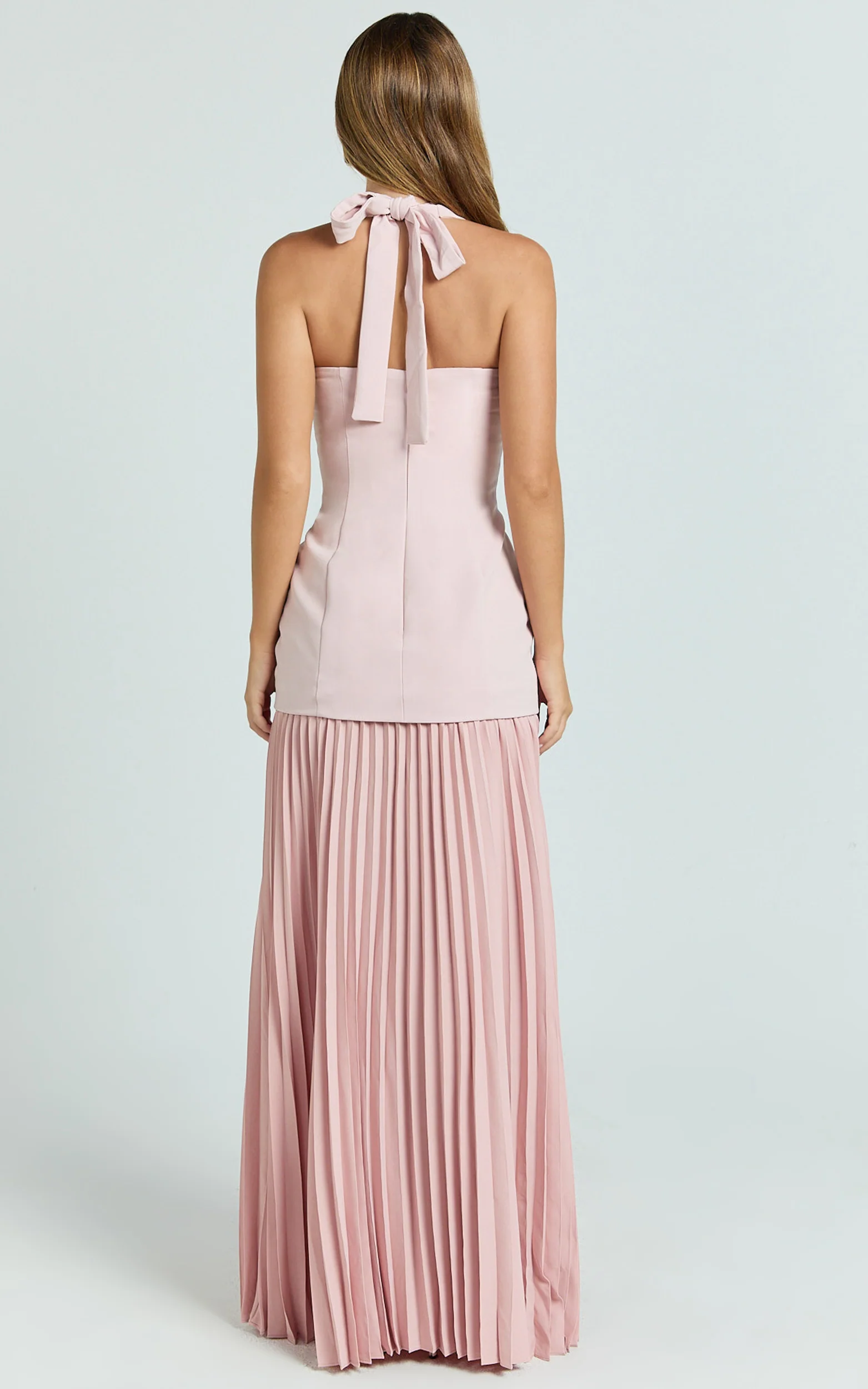 Loretta Maxi Dress - Contrast Halter Neck Pleated Dress in Pink
