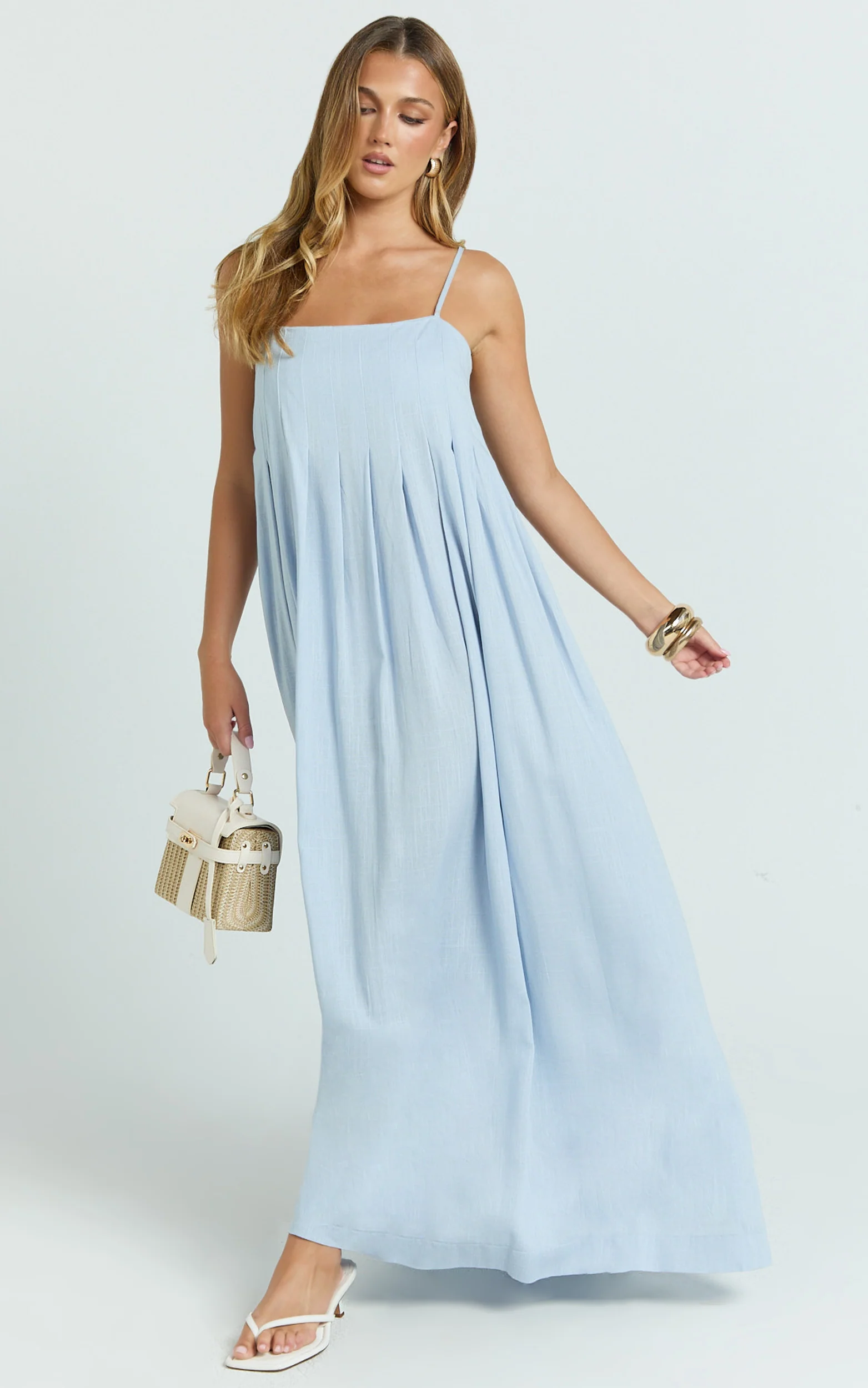 Cloe Midi Dress - Pleated Detail Dress in Blue