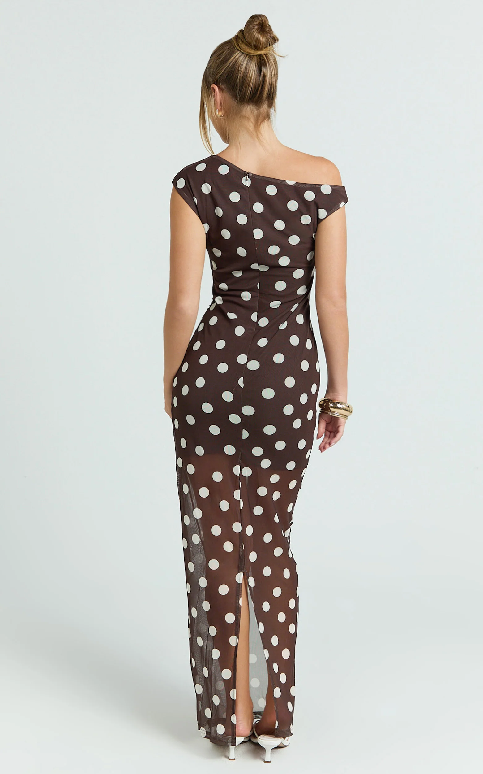 Lia Maxi Dress - Off Shoulder Slip Dress in Chocolate White Spot