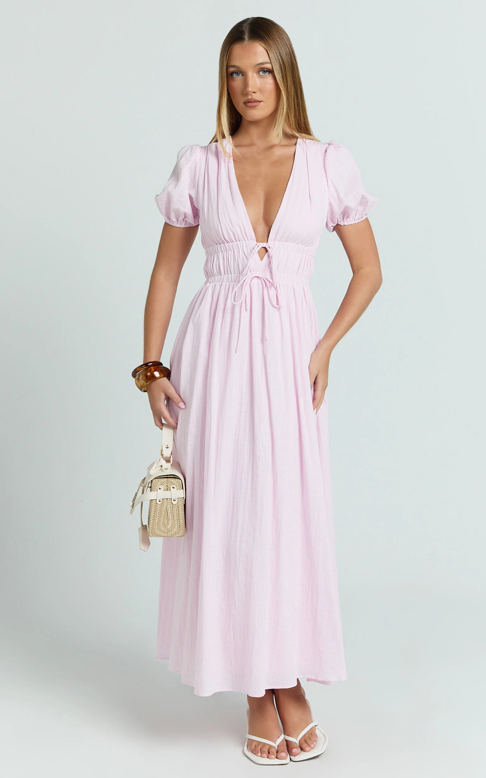 Matteo Midi Dress - Deep V Neck Puff Sleeve Dress in Pink